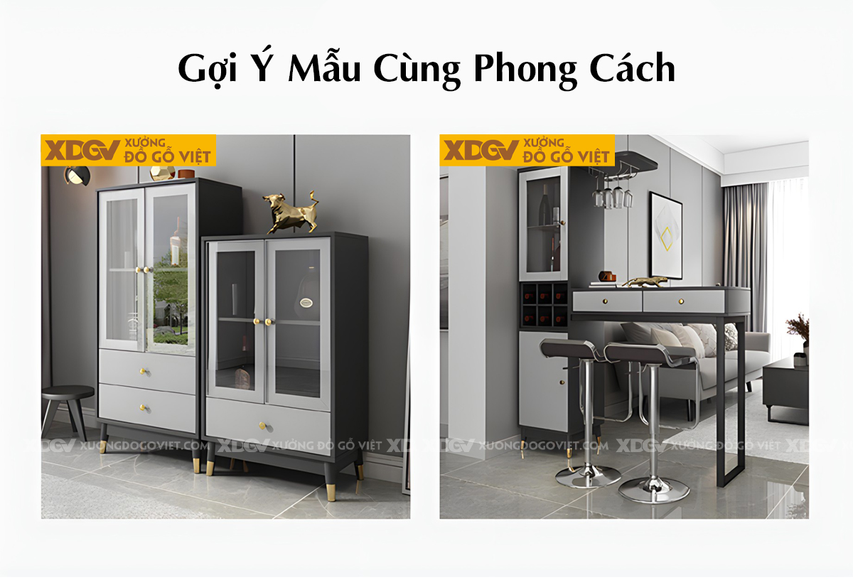 Tủ Rượu Gỗ MDF Hiện Đại Đi Kèm Bàn Bar Kệ Treo Ly Sang Trọng