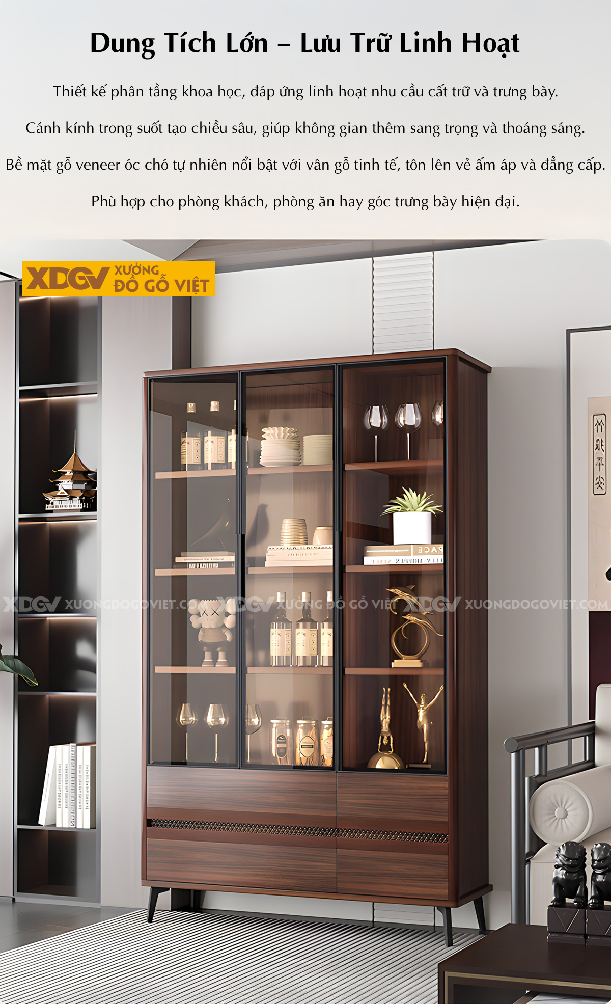 Tủ Rượu Gỗ Sồi Hiện Đại Bo Góc Mềm Mại Phối Kính Sang Trọng