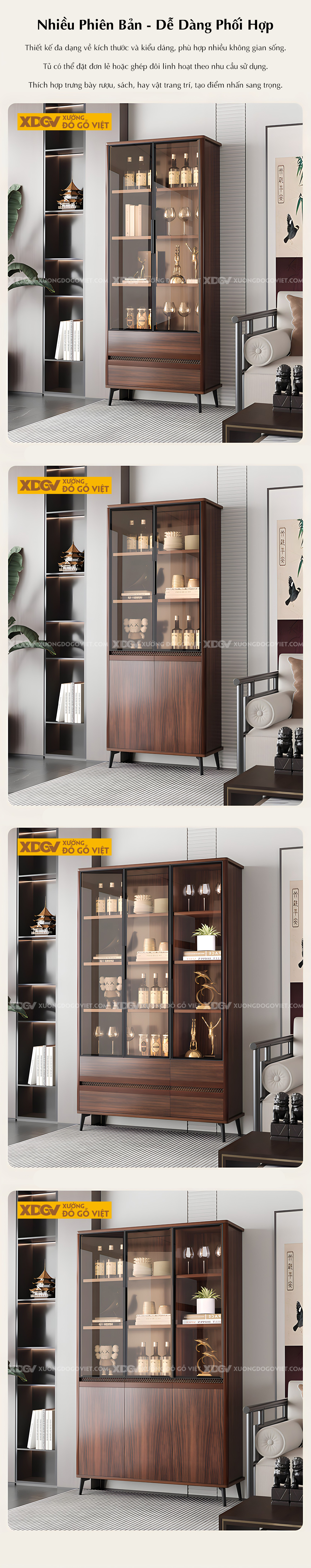 Tủ Rượu Gỗ Sồi Hiện Đại Bo Góc Mềm Mại Phối Kính Sang Trọng