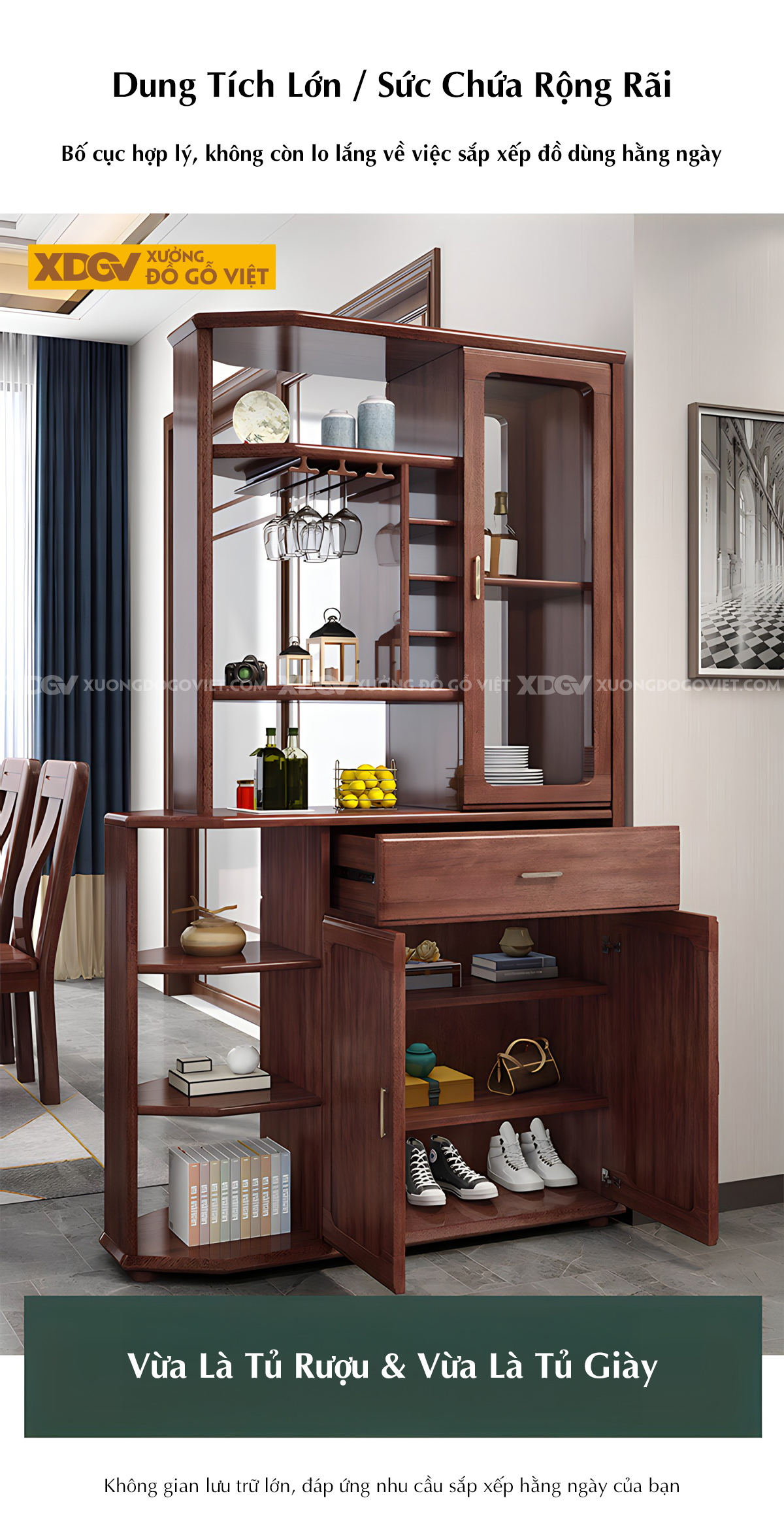 Tủ Rượu Gỗ Sồi Tủ Kệ Ngăn Phòng Bo Góc Trưng Bày Phối Kính