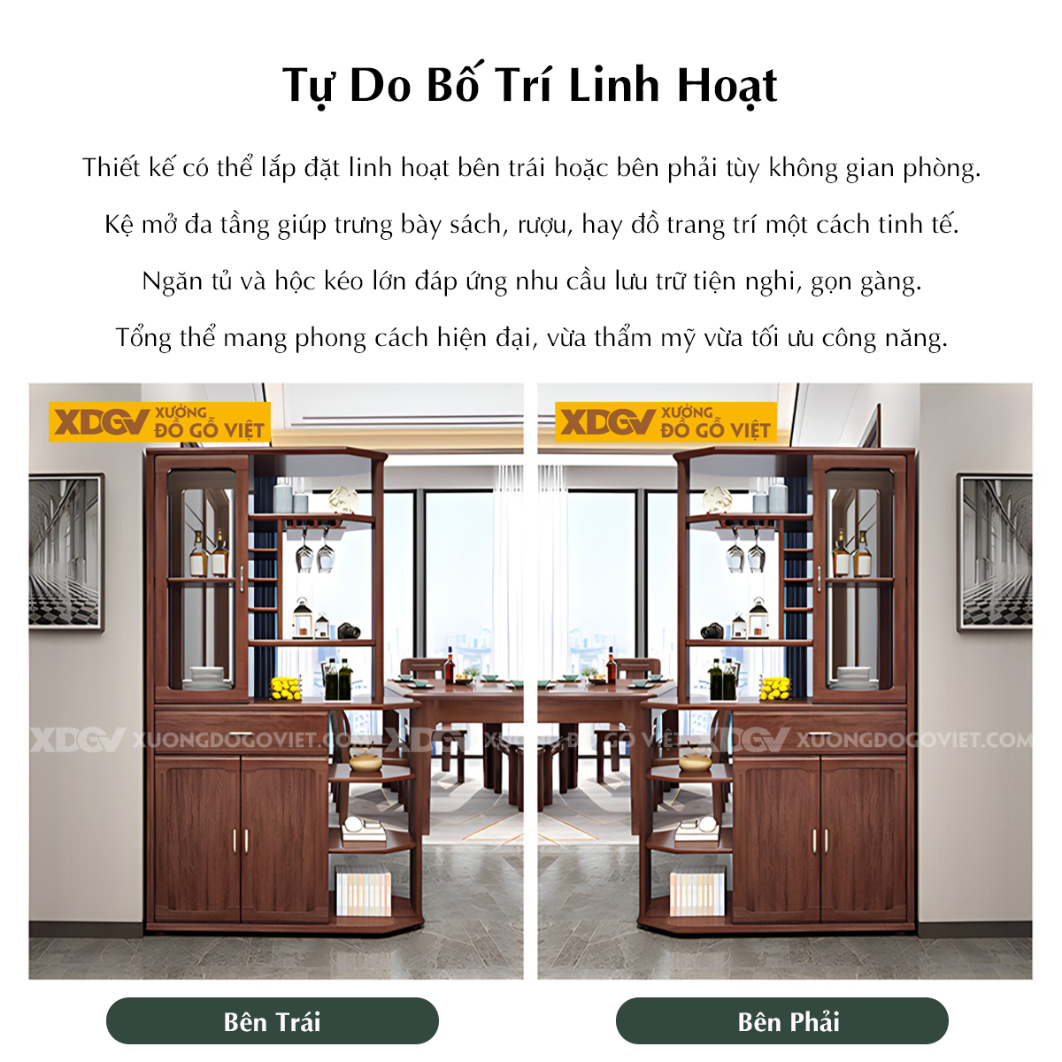 Tủ Rượu Gỗ Sồi Tủ Kệ Ngăn Phòng Bo Góc Trưng Bày Phối Kính