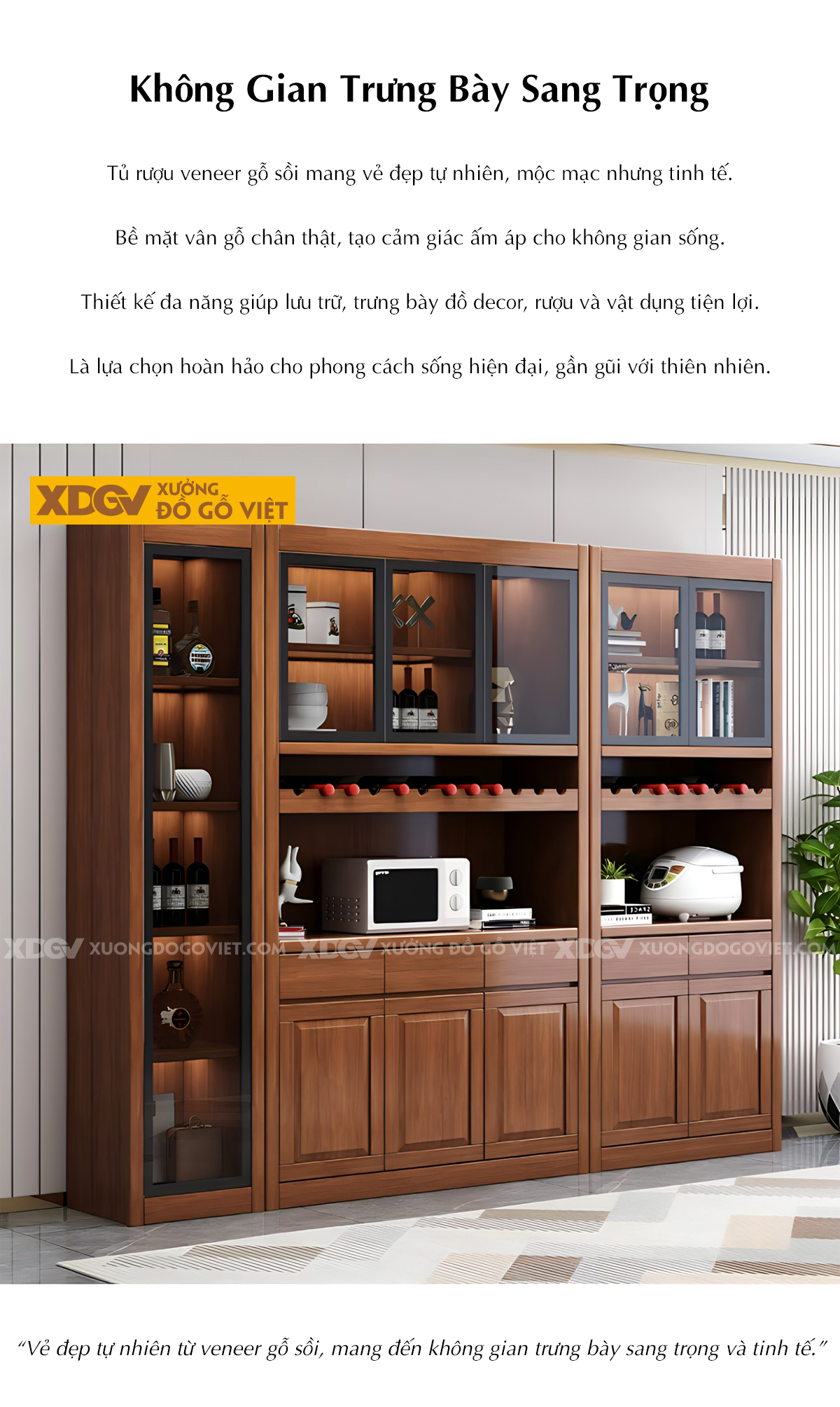 Tủ Rượu Phòng Khách Gỗ Sồi Đa Tầng Cánh Kính Lưu Trữ Đa Năng