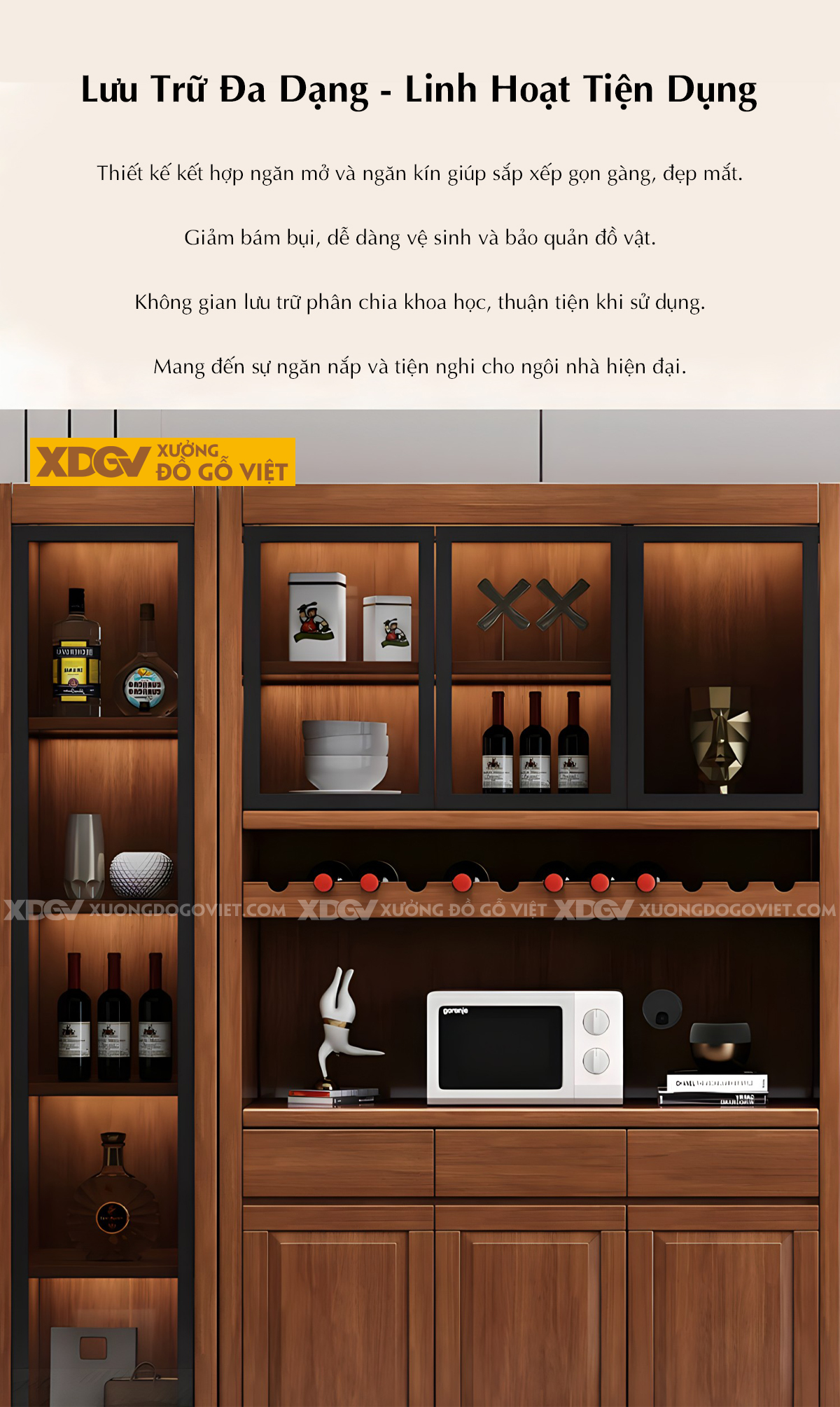Tủ Rượu Phòng Khách Gỗ Sồi Đa Tầng Cánh Kính Lưu Trữ Đa Năng