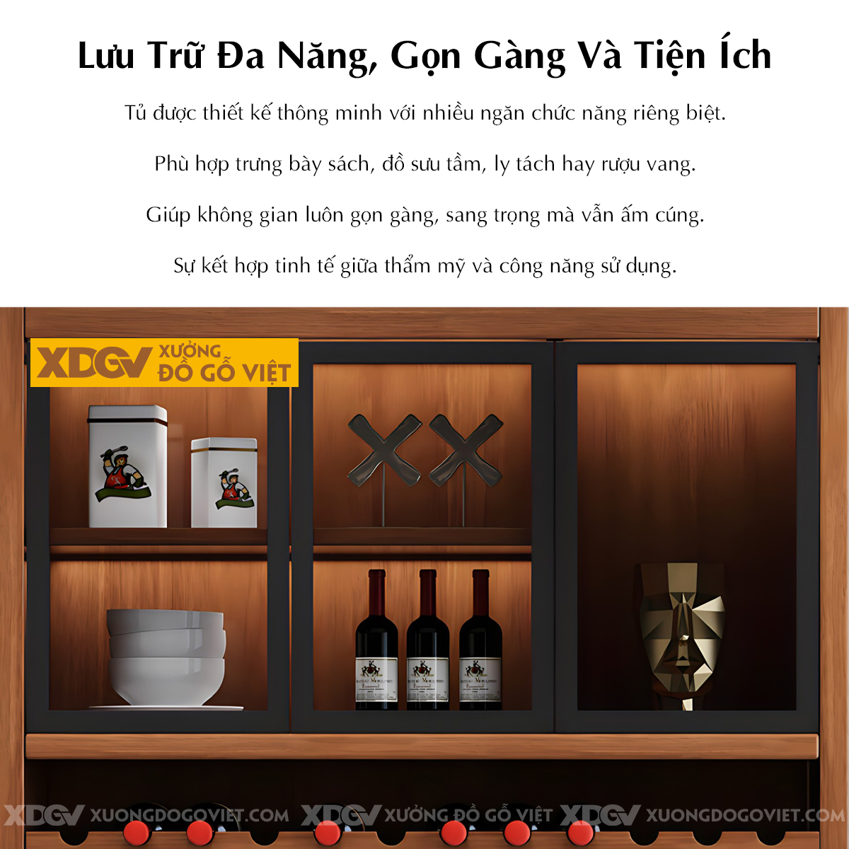 Tủ Rượu Phòng Khách Gỗ Sồi Đa Tầng Cánh Kính Lưu Trữ Đa Năng