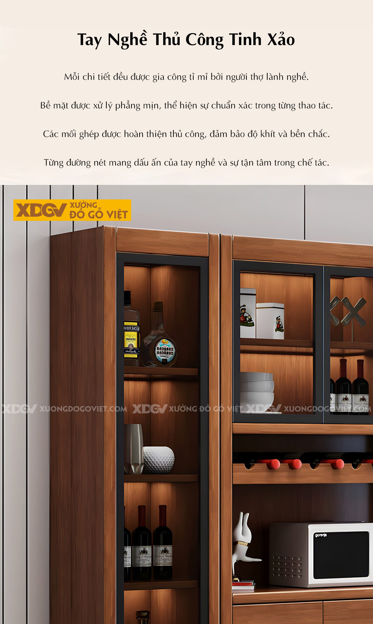 Tủ Rượu Phòng Khách Gỗ Sồi Đa Tầng Cánh Kính Lưu Trữ Đa Năng