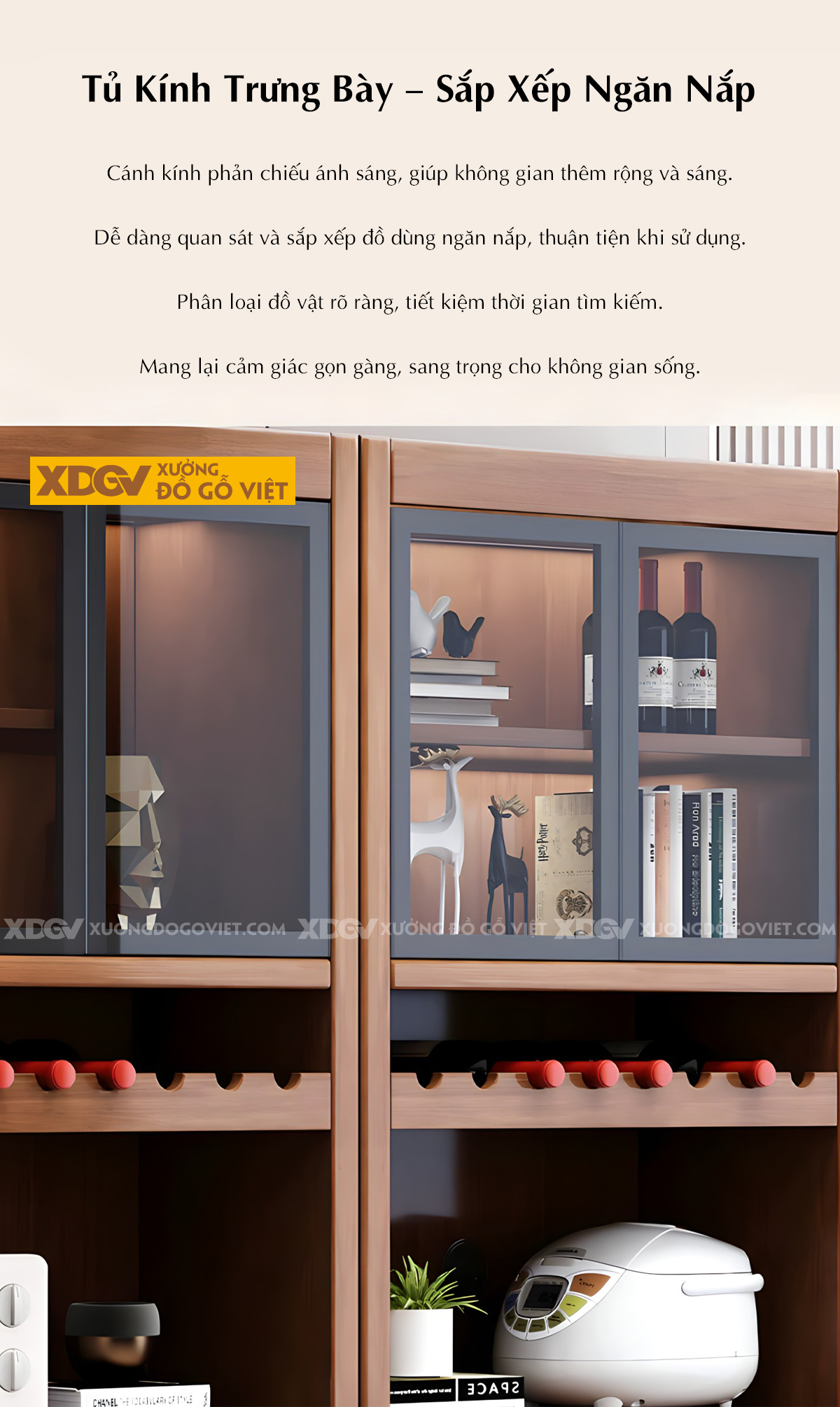 Tủ Rượu Phòng Khách Gỗ Sồi Đa Tầng Cánh Kính Lưu Trữ Đa Năng