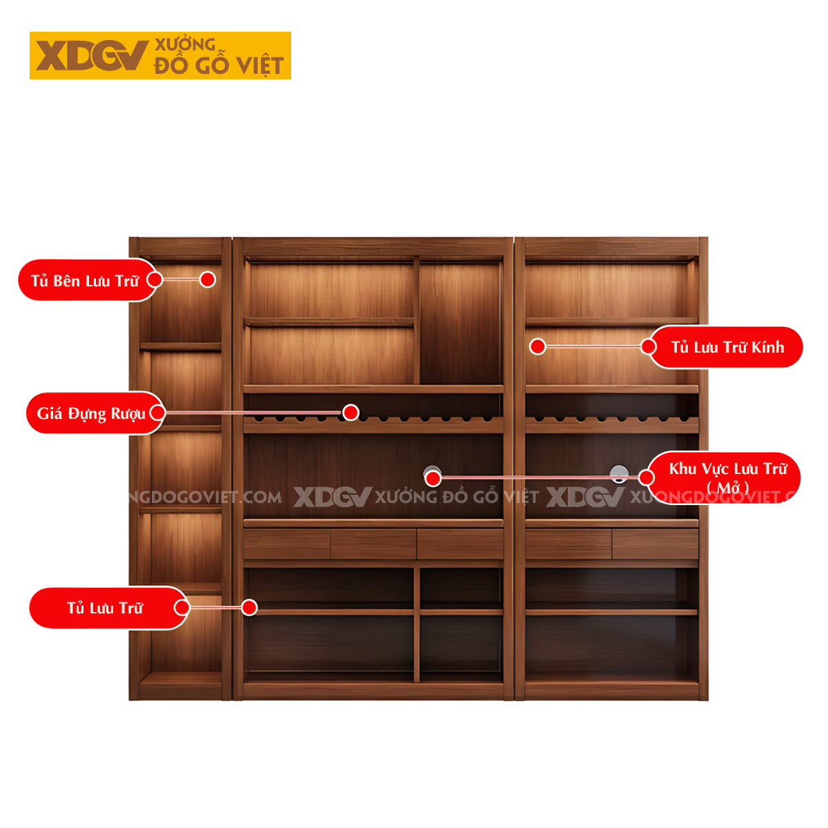 Tủ Rượu Phòng Khách Gỗ Sồi Đa Tầng Cánh Kính Lưu Trữ Đa Năng