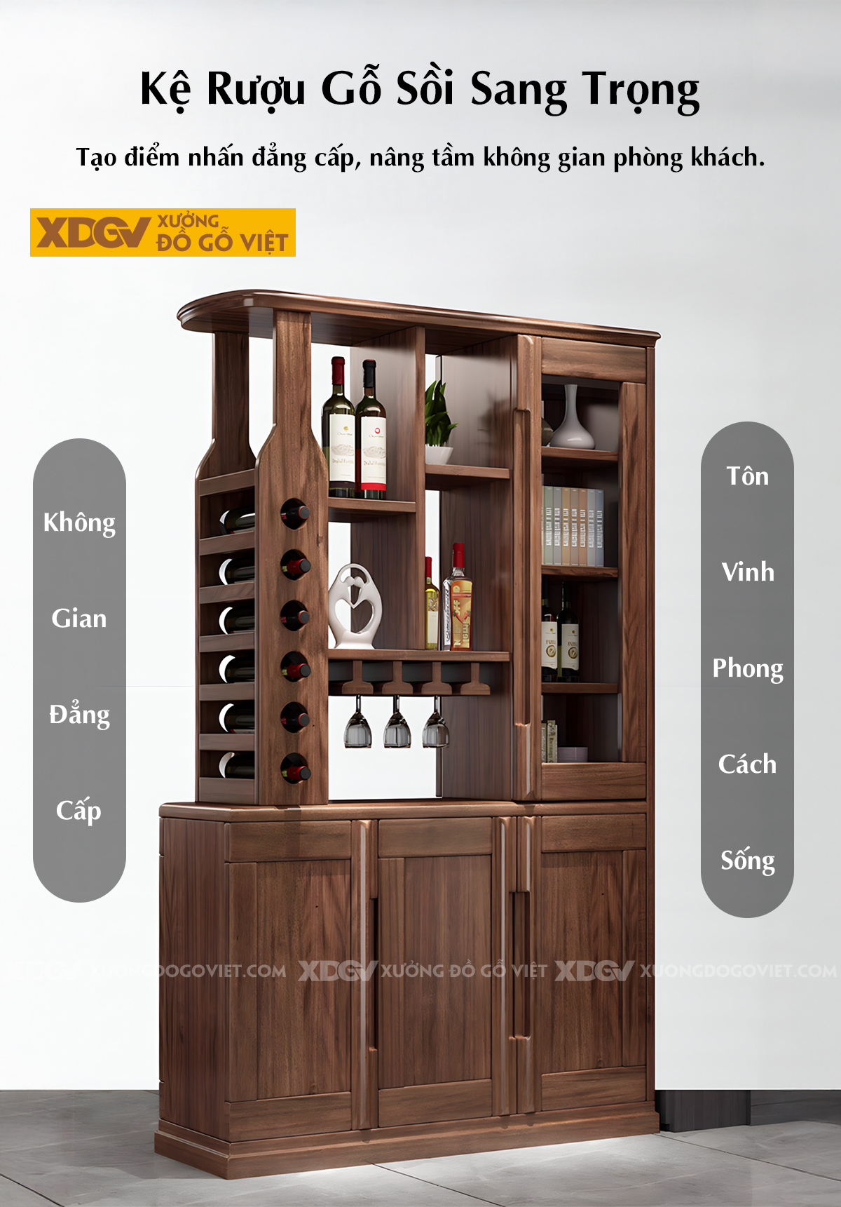 Tủ Rượu Phòng Khách Gỗ Sồi Phối Kệ Tủ Kính Kèm Giá Treo Ly