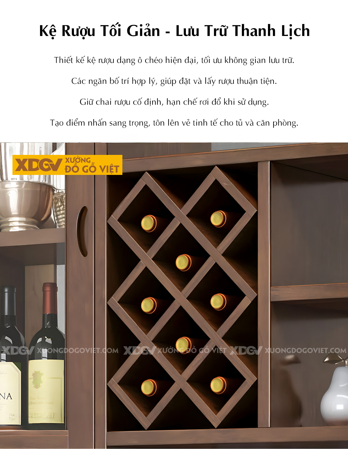 Tủ Rượu Trưng Bày Gỗ Cao Su Phòng Khách Thiết kế Phân Tầng