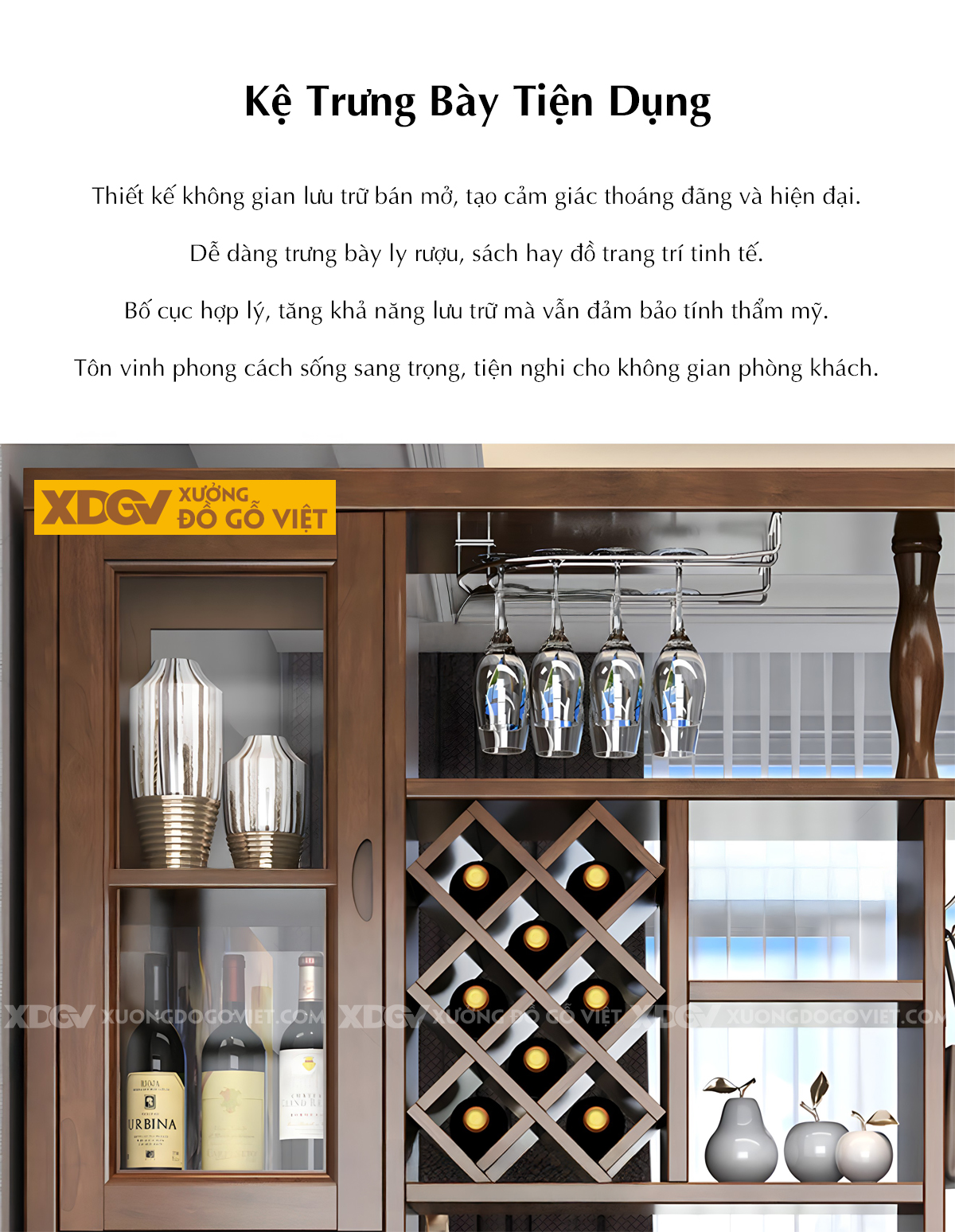 Tủ Rượu Trưng Bày Gỗ Cao Su Phòng Khách Thiết kế Phân Tầng