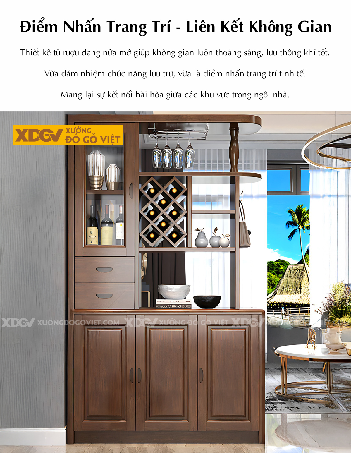 Tủ Rượu Trưng Bày Gỗ Cao Su Phòng Khách Thiết kế Phân Tầng