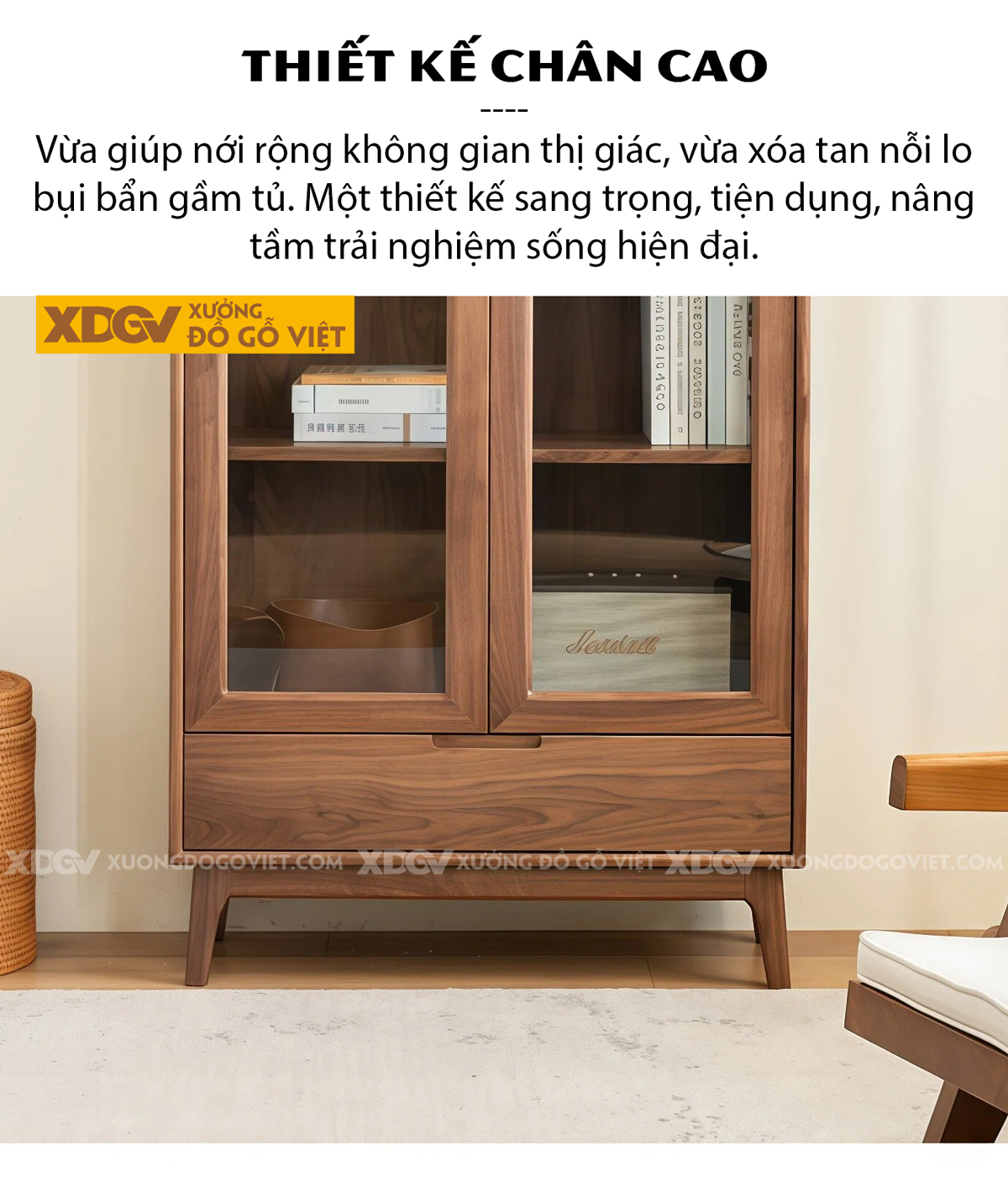 Tủ Sách Bắc Âu Gỗ Óc Chó Phối Đỉnh Vòm Chân Cao Thanh Mảnh