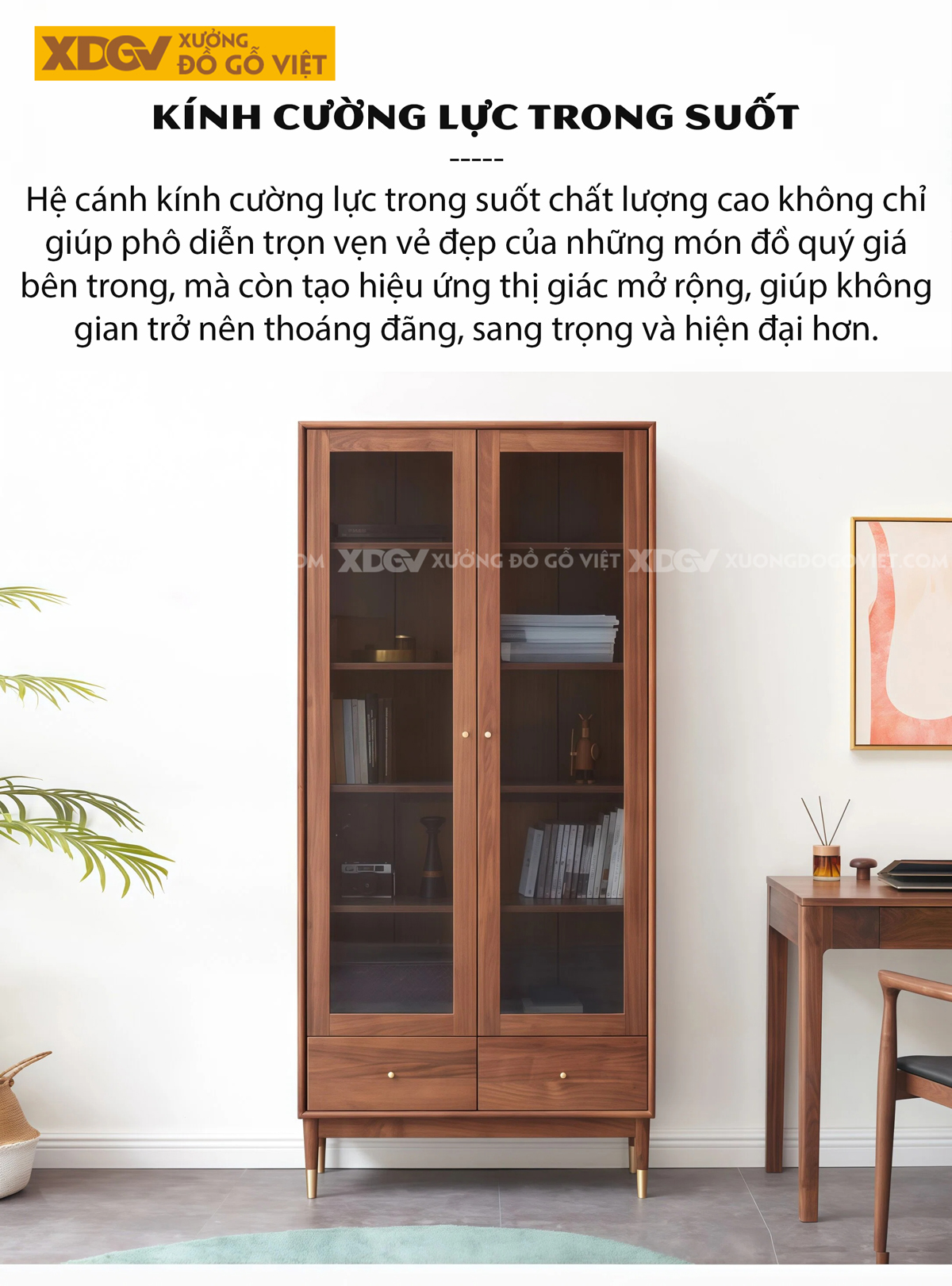 Tủ Sách Gỗ Óc Chó Hình Khối Vuông Vức Phối Chân Côn Bọc Kim