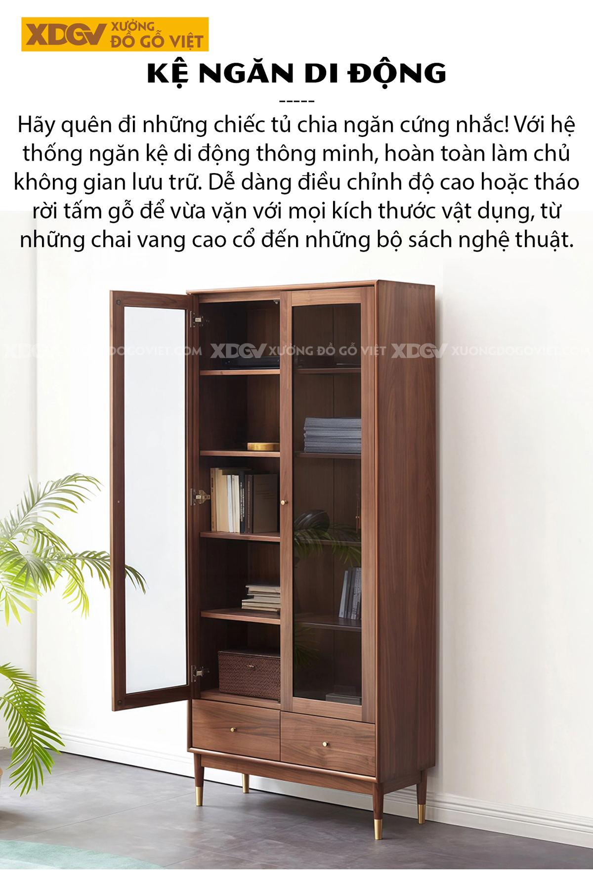 Tủ Sách Gỗ Óc Chó Hình Khối Vuông Vức Phối Chân Côn Bọc Kim