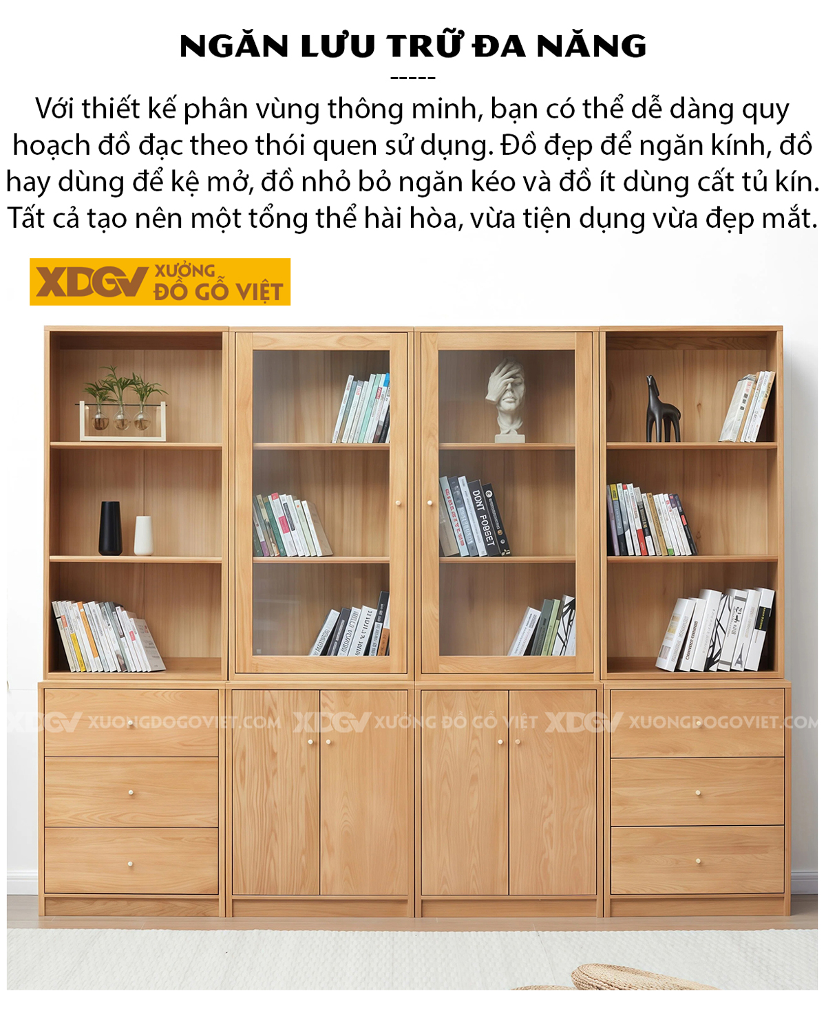 Tủ Sách Gỗ Sồi Mỹ Phối Chân Bệt Cánh Kính Thiết Kế Tối Giản