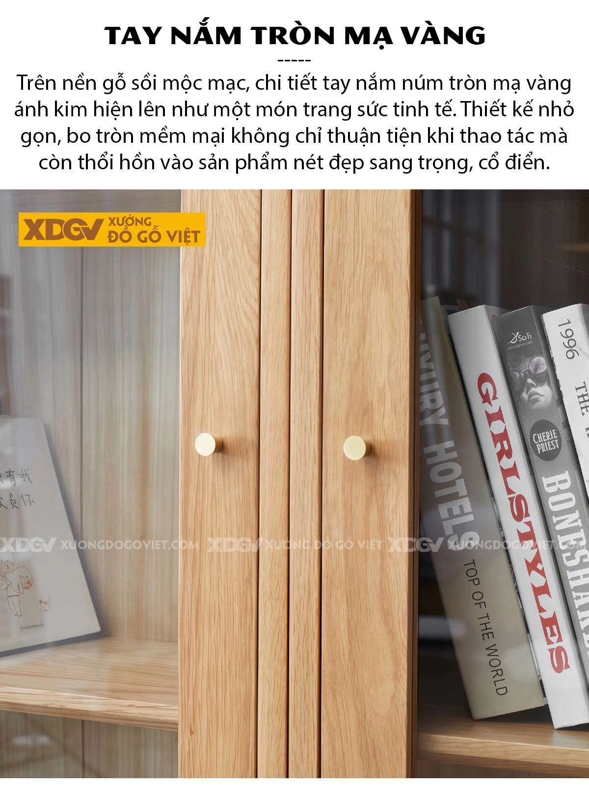 Tủ Sách Gỗ Sồi Mỹ Phối Chân Bệt Cánh Kính Thiết Kế Tối Giản