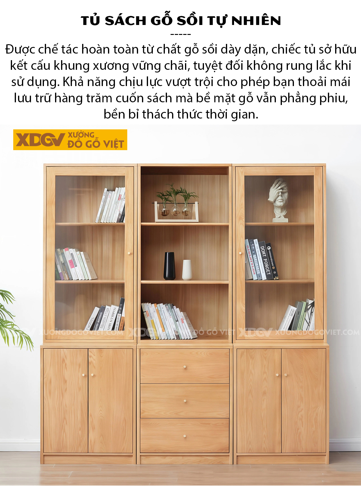 Tủ Sách Gỗ Sồi Mỹ Phối Chân Bệt Cánh Kính Thiết Kế Tối Giản