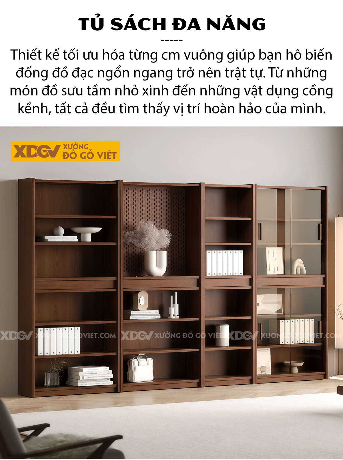 Tủ Sách Gỗ Veneer Sồi Thiết Kế Mở Phân Tầng Bố Cục Độc Đáo