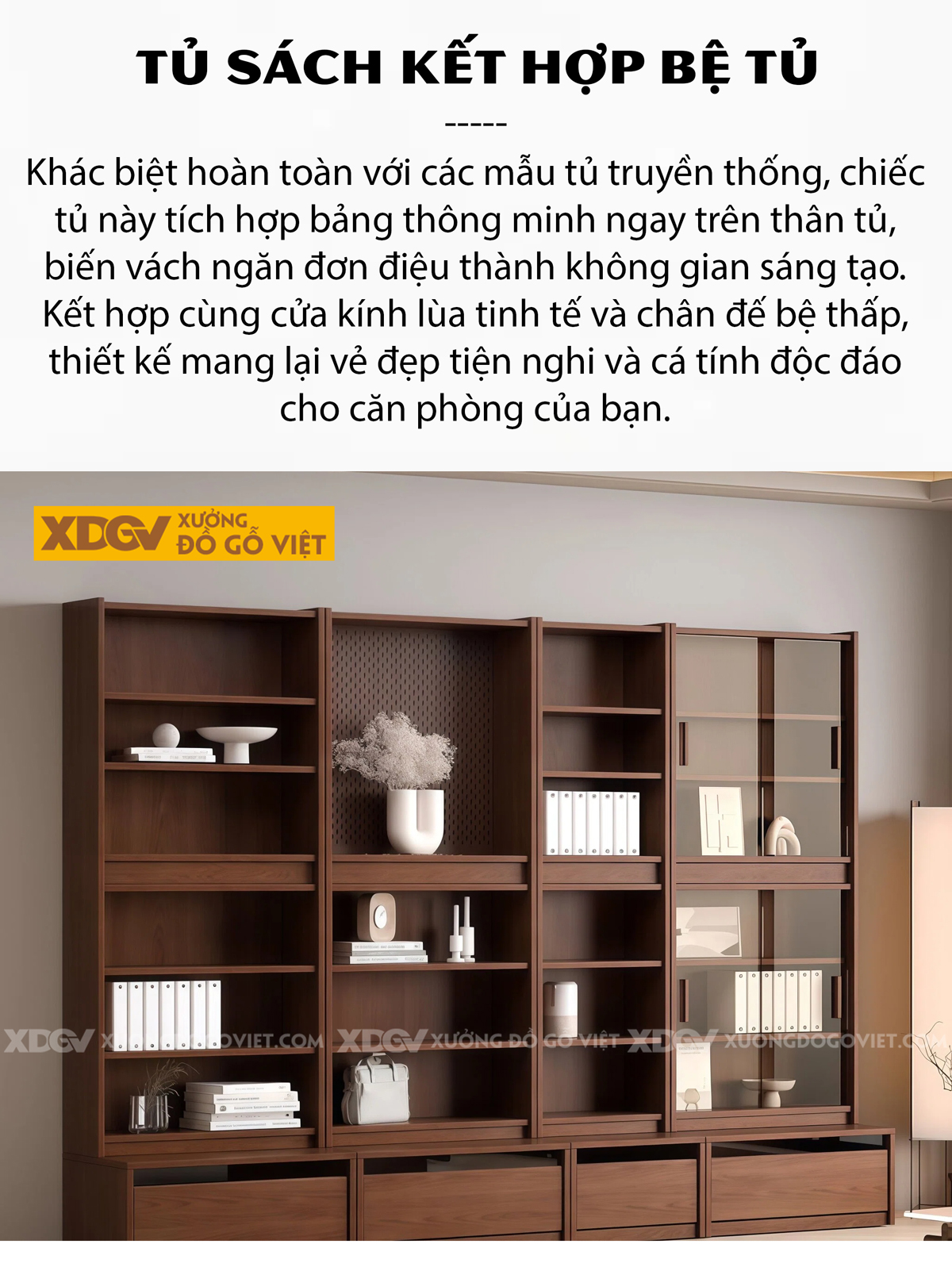 Tủ Sách Gỗ Veneer Sồi Thiết Kế Mở Phân Tầng Bố Cục Độc Đáo