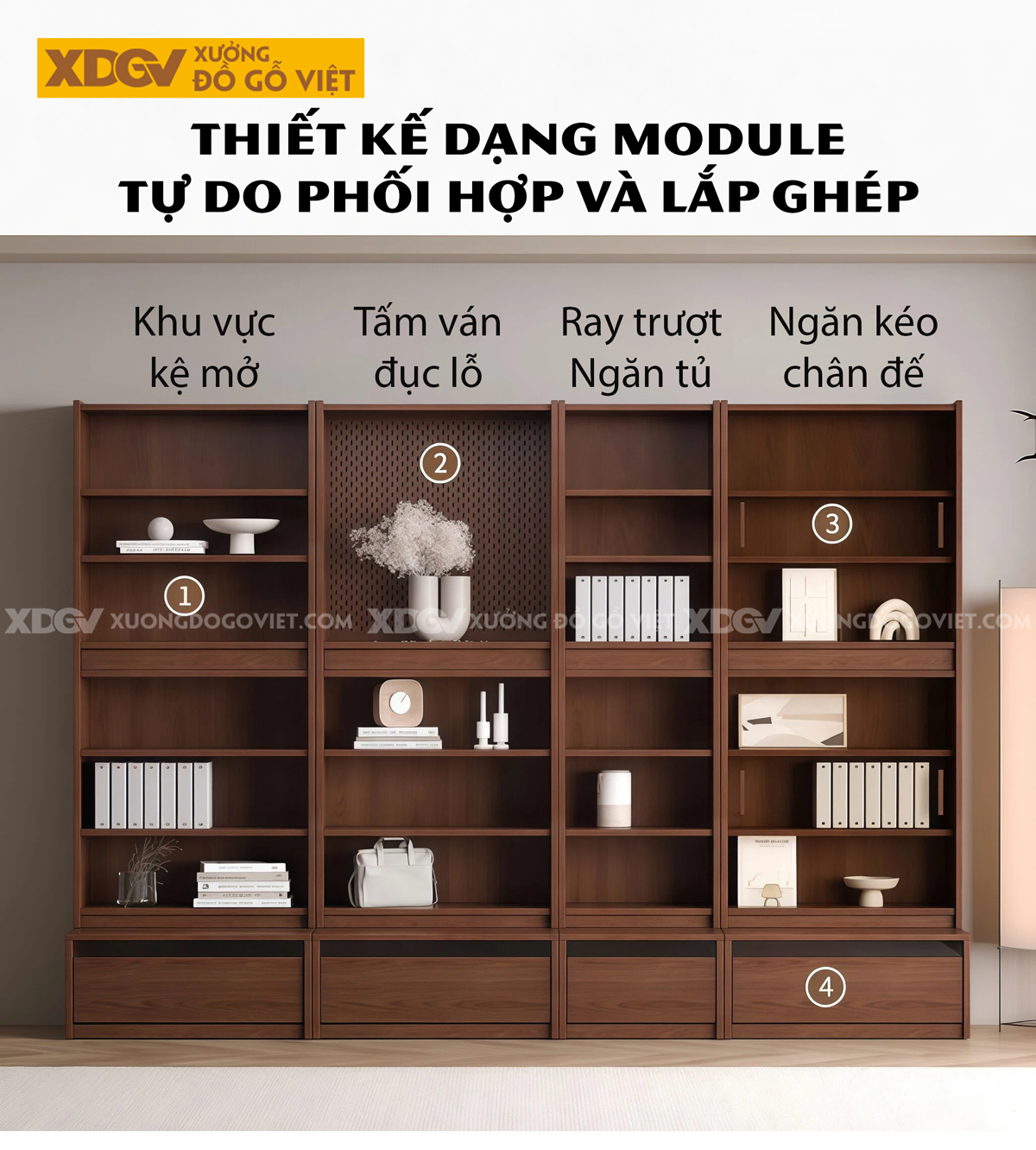 Tủ Sách Gỗ Veneer Sồi Thiết Kế Mở Phân Tầng Bố Cục Độc Đáo