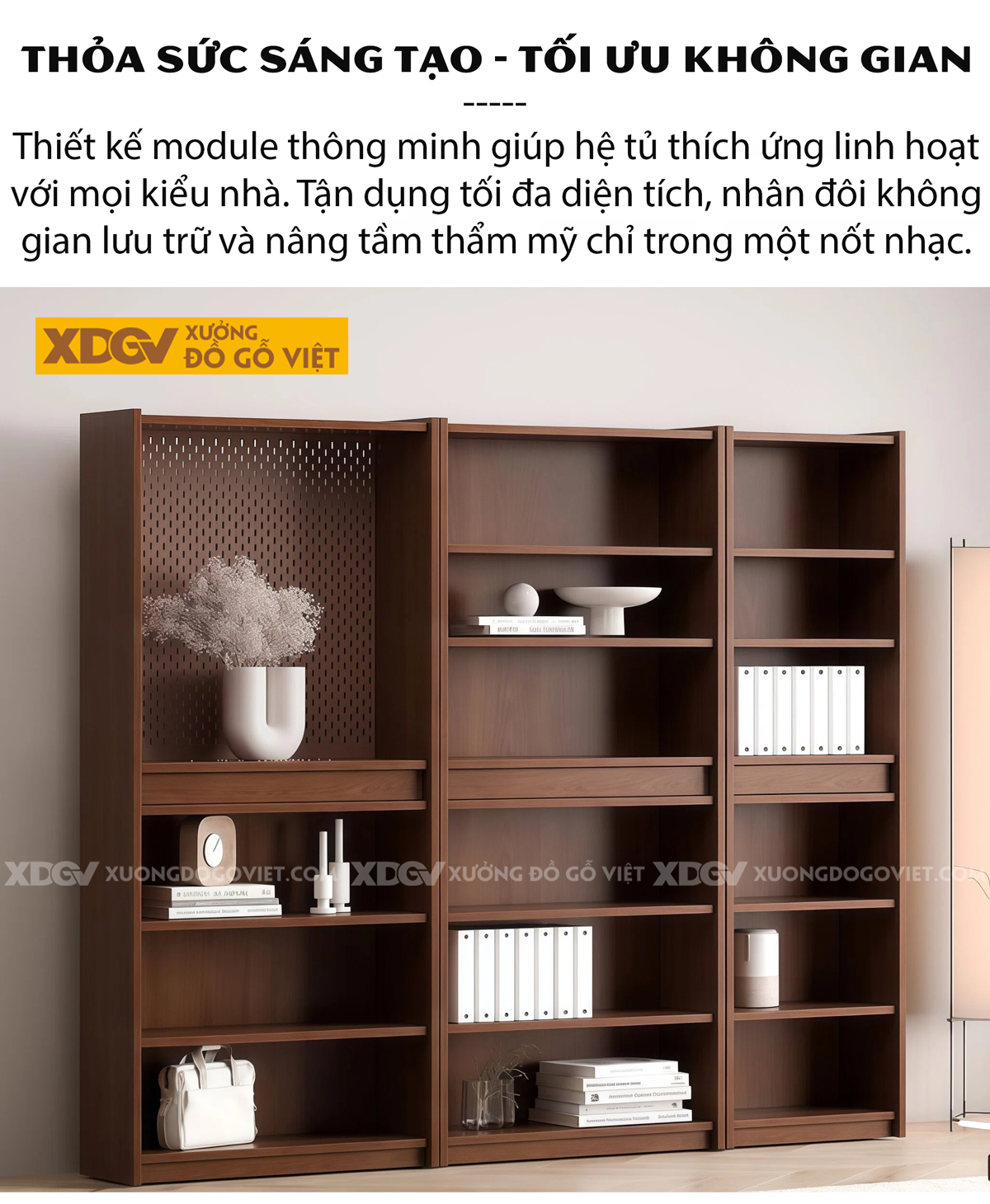 Tủ Sách Gỗ Veneer Sồi Thiết Kế Mở Phân Tầng Bố Cục Độc Đáo