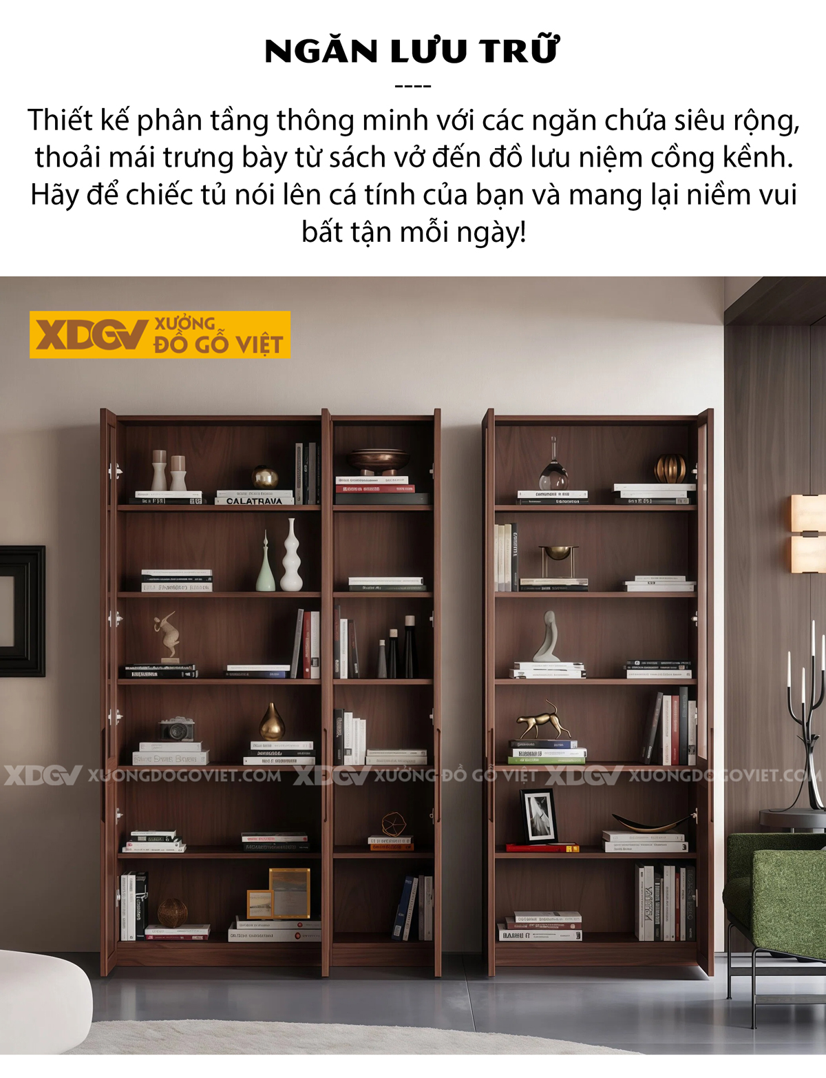 Tủ Sách Hiện Đại Gỗ Óc Chó Cánh Kính Tay Nắm Âm Thông Minh