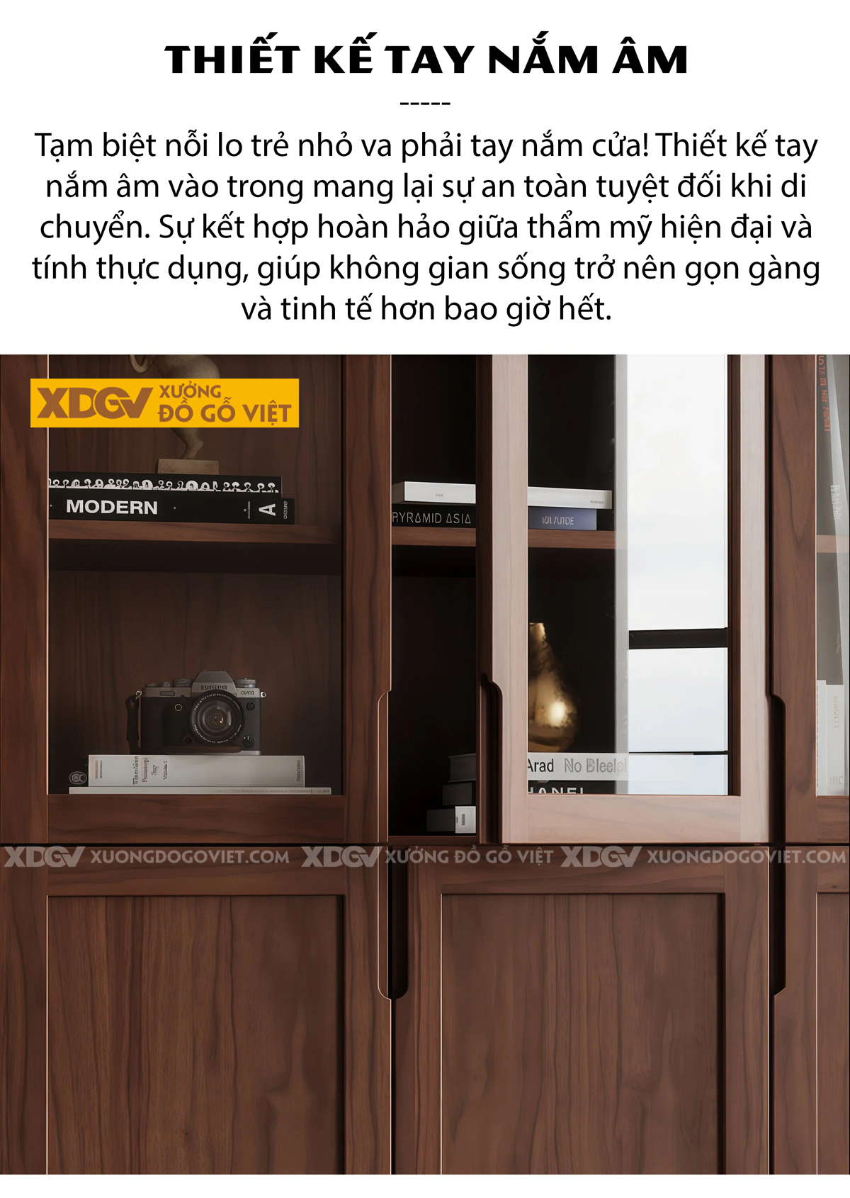 Tủ Sách Hiện Đại Gỗ Óc Chó Cánh Kính Tay Nắm Âm Thông Minh