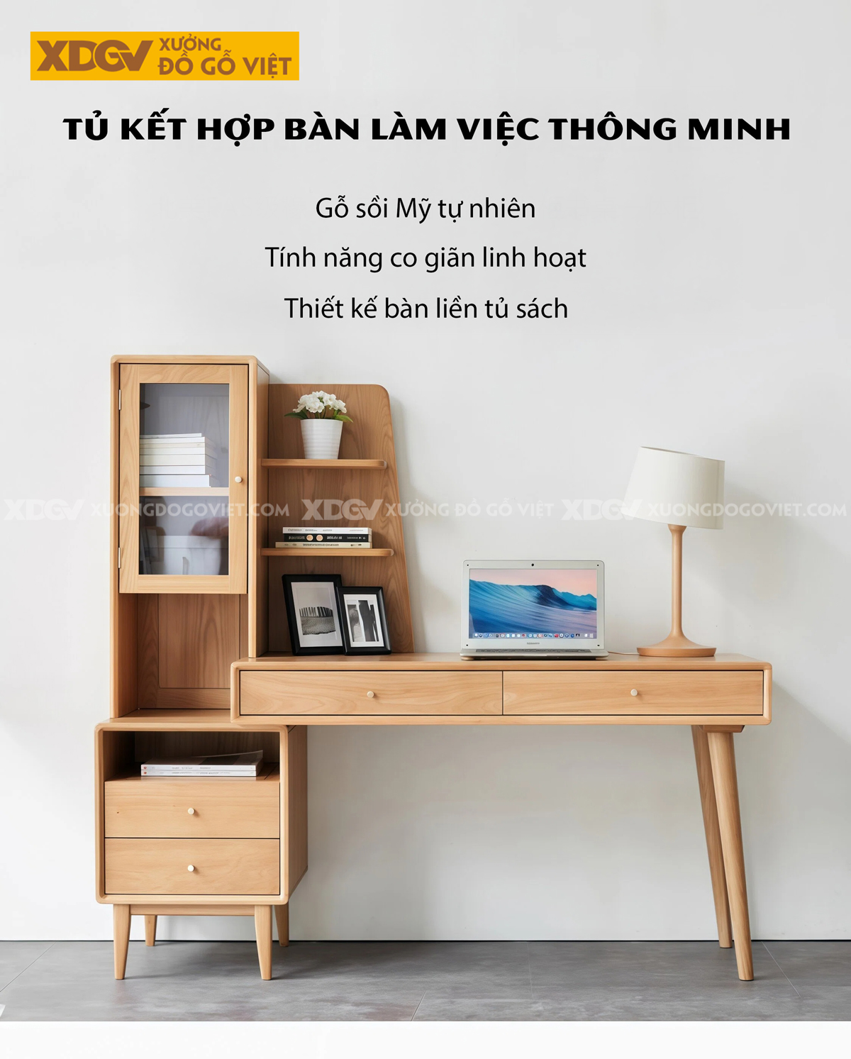 Tủ Sách Hồ Sơ Kết Hợp Bàn Làm Việc 2 Ngăn Kéo Gỗ Sồi Mỹ