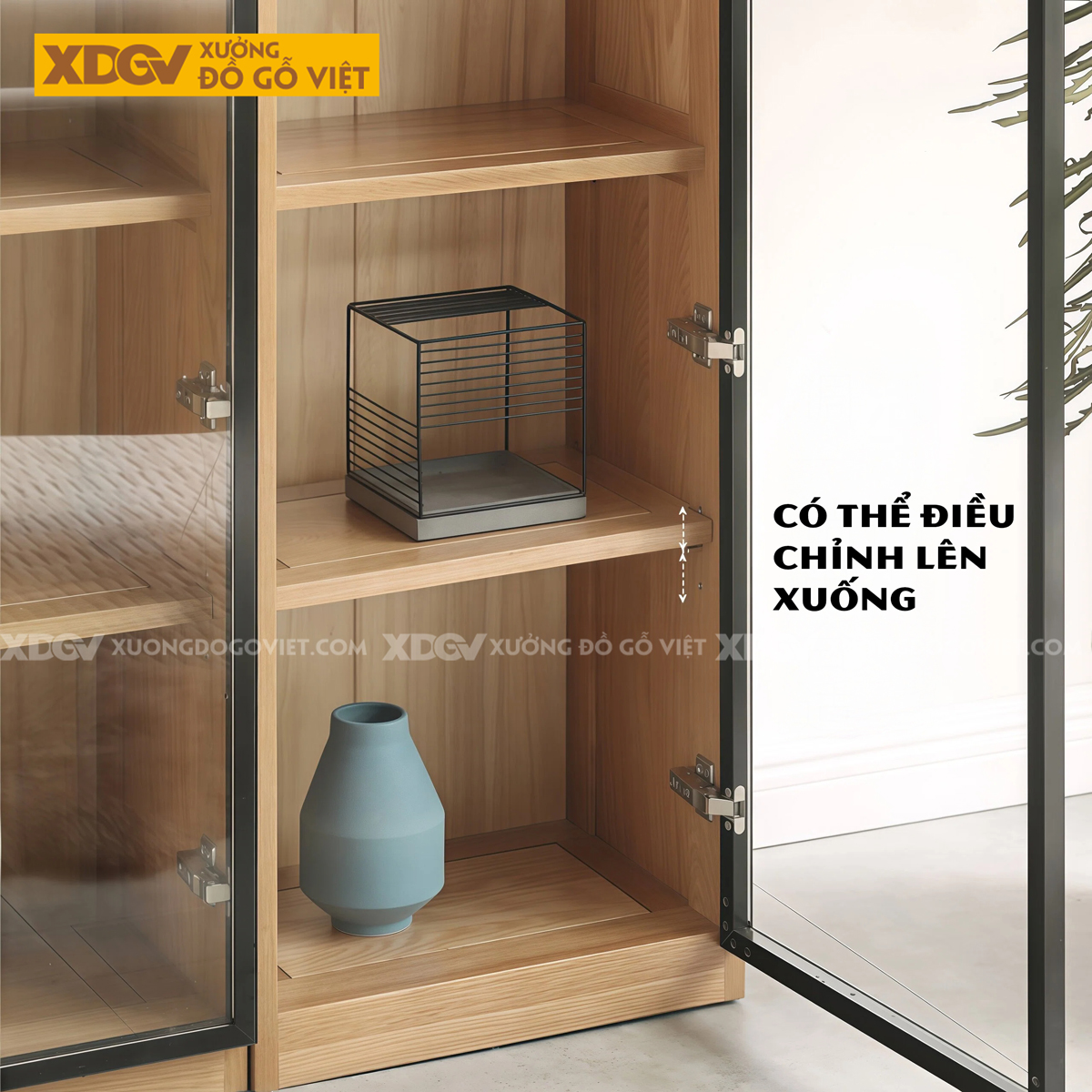 Tủ Sách Tân Cổ Điển Gỗ Sồi Chân Bệt Kết Hợp Cánh Kính Sọc Mờ