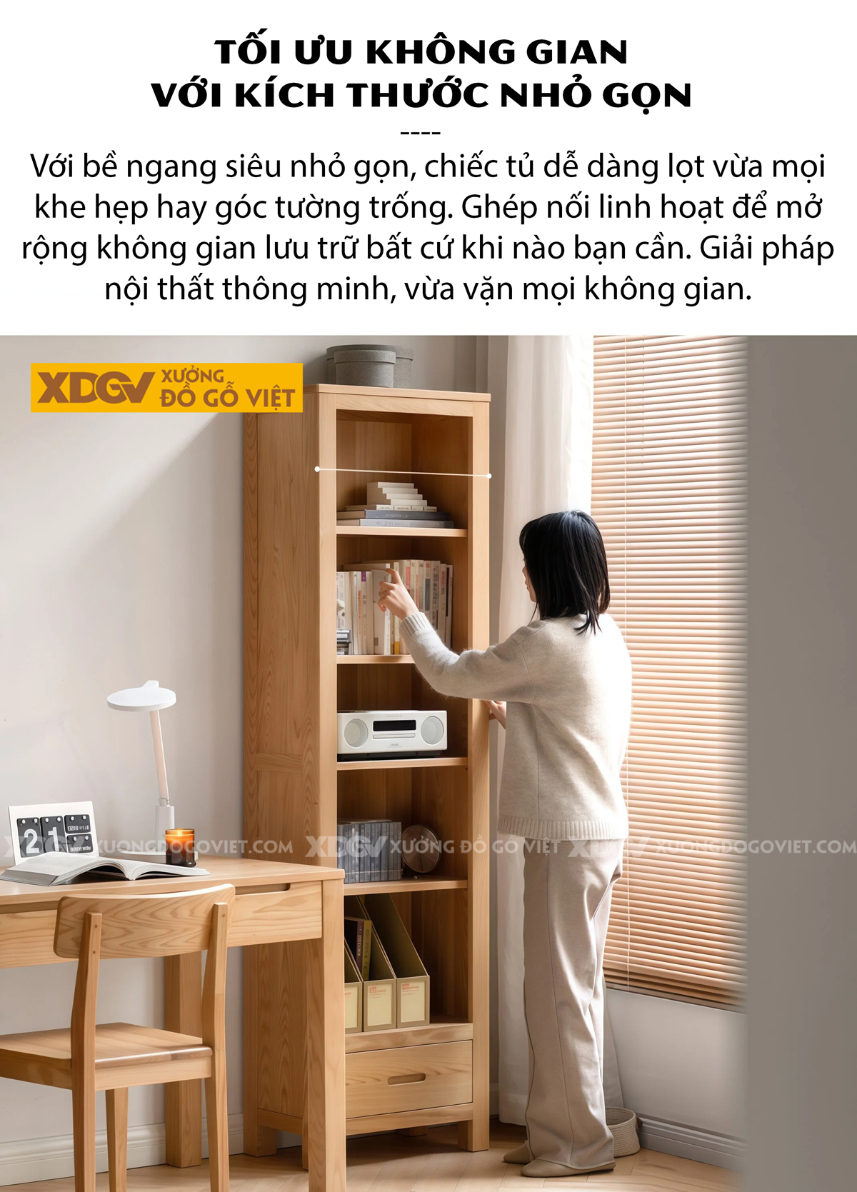 Tủ Sách Tối Giản Gỗ Sồi Cấu Trúc Kệ Mở Đường Nét Tinh Giản 