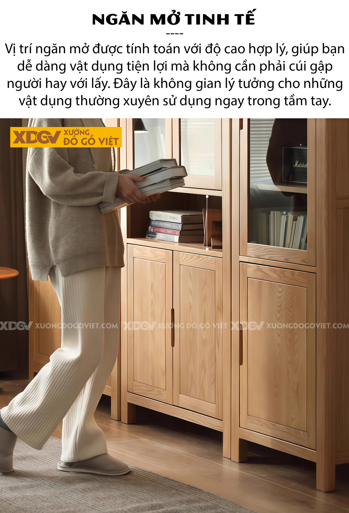 Tủ Sách Tối Giản Gỗ Sồi Cấu Trúc Kệ Mở Đường Nét Tinh Giản