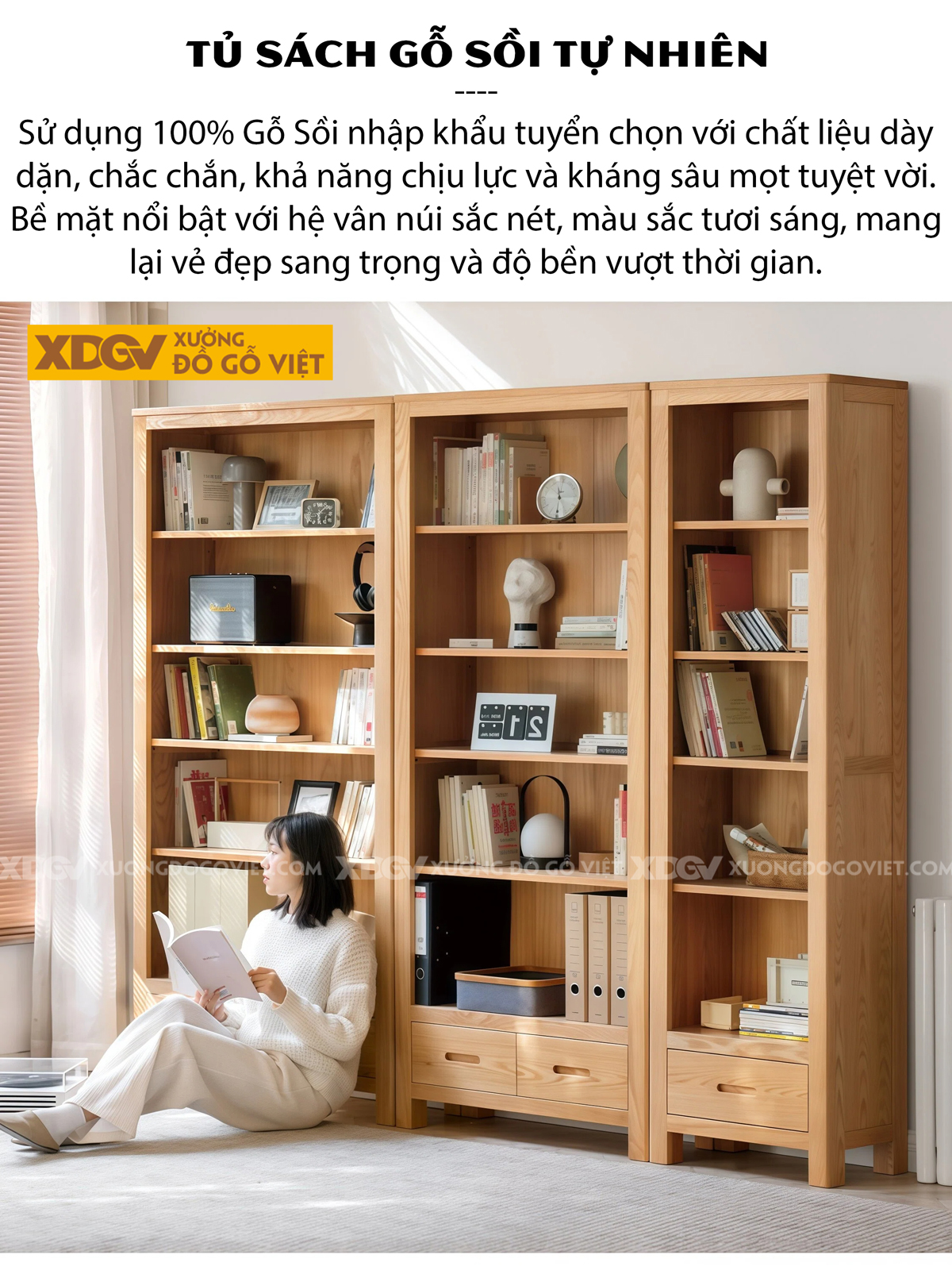 Tủ Sách Tối Giản Gỗ Sồi Cấu Trúc Kệ Mở Đường Nét Tinh Giản 