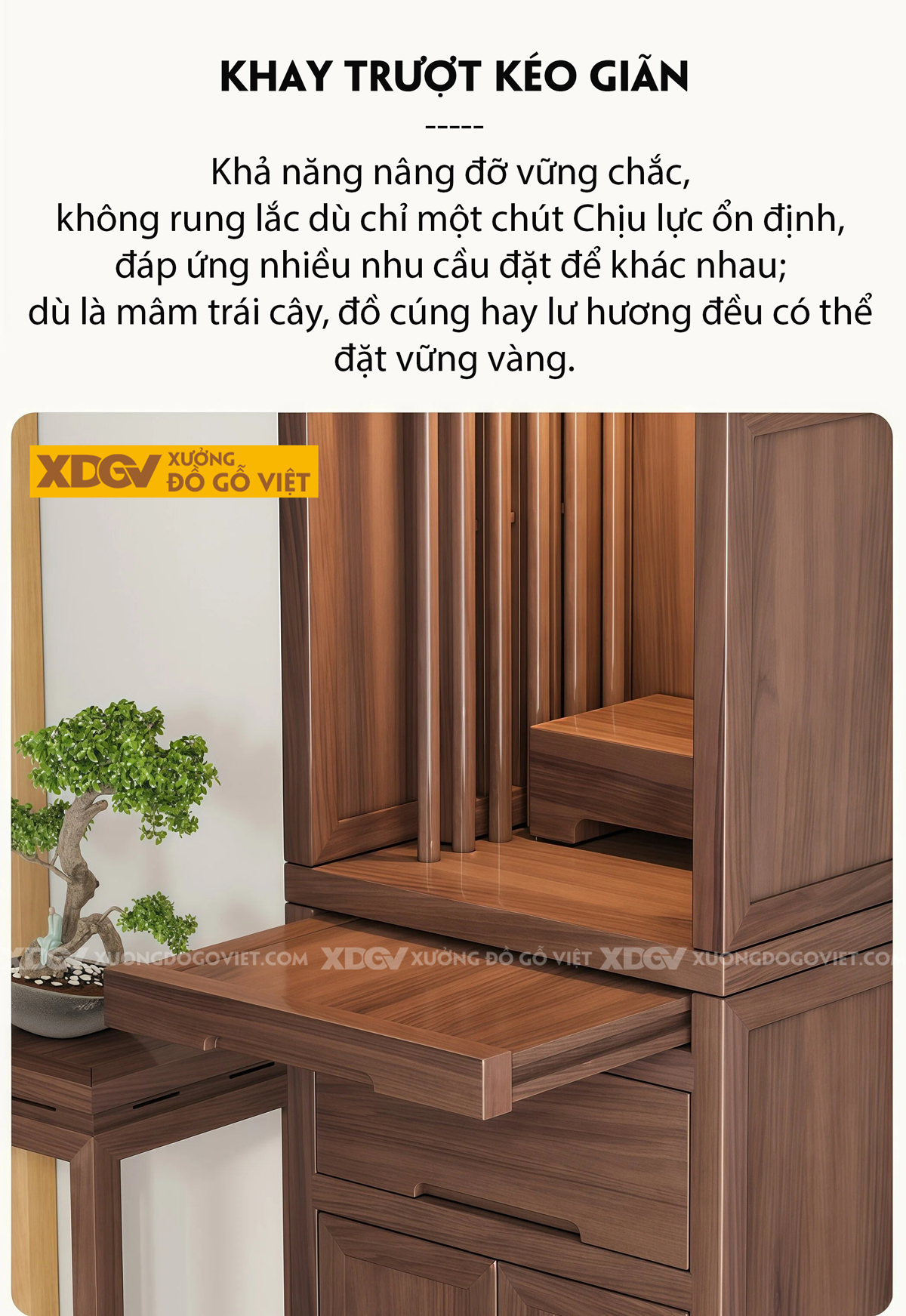 Tủ Thờ Gỗ Óc Chó Dáng Cao Thon Phối Tủ Cánh Nan Khay Kéo