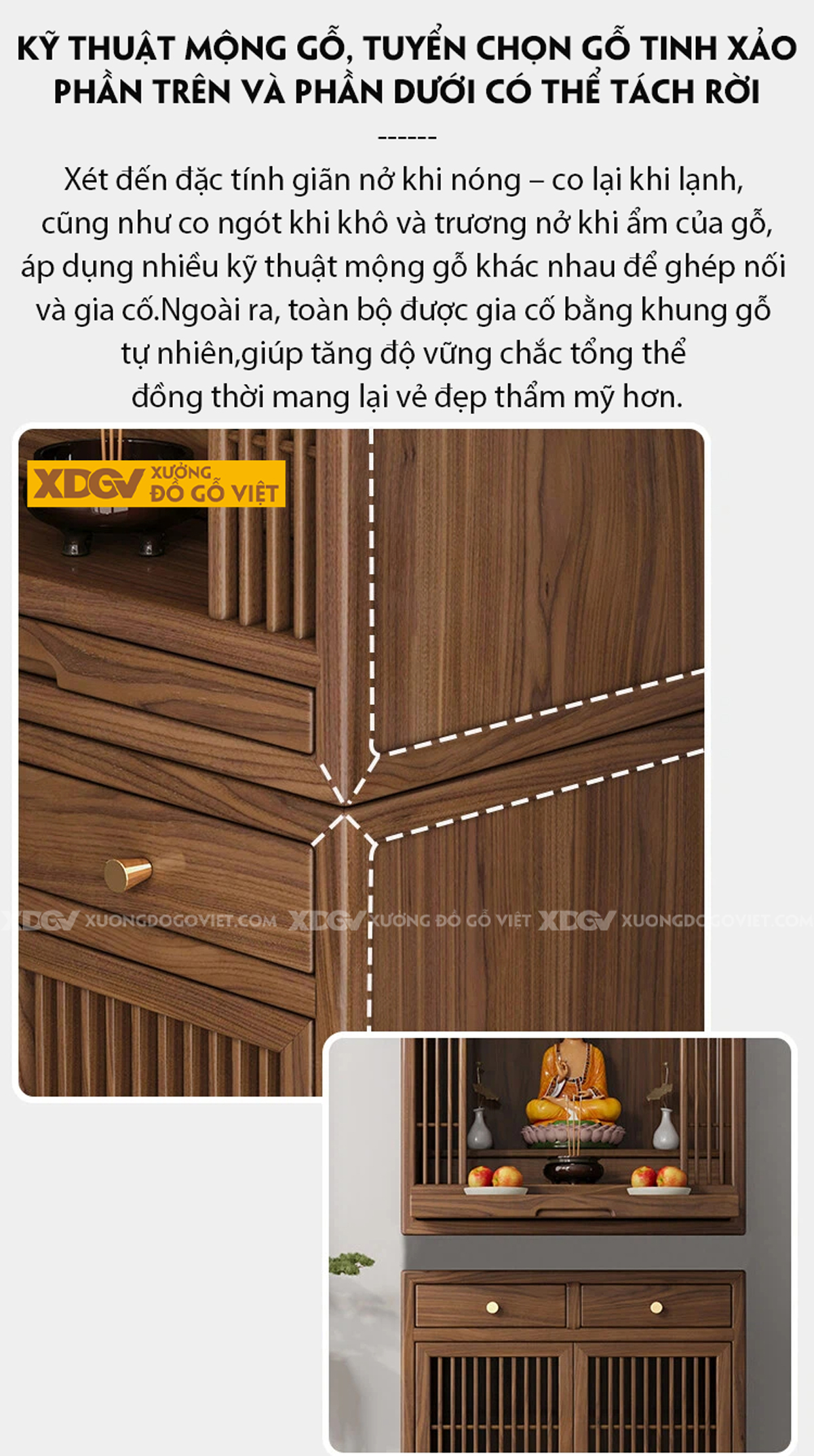 Tủ Thờ Gỗ Óc Chó Dáng Cao Thon Phối Tủ Cánh Nan Khay Kéo