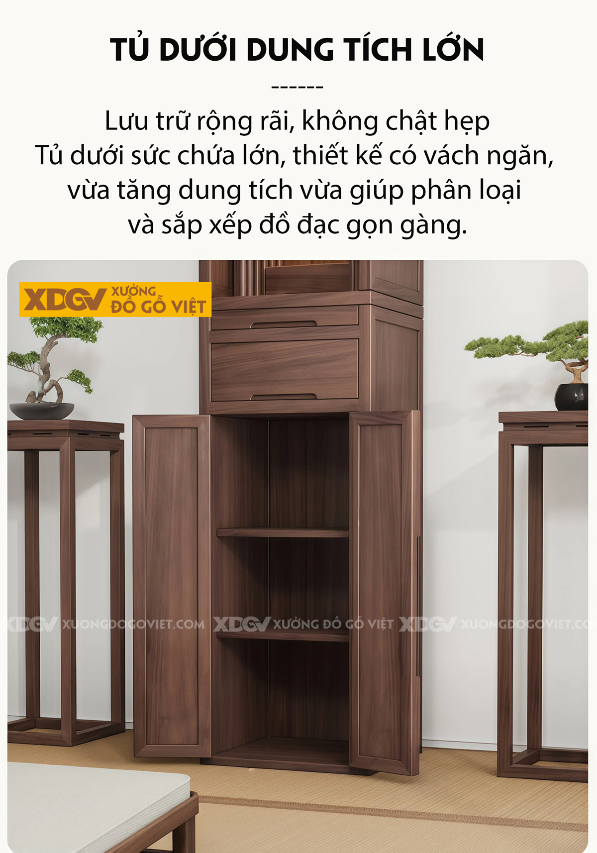 Tủ Thờ Gỗ Óc Chó Dáng Cao Thon Phối Tủ Cánh Nan Khay Kéo