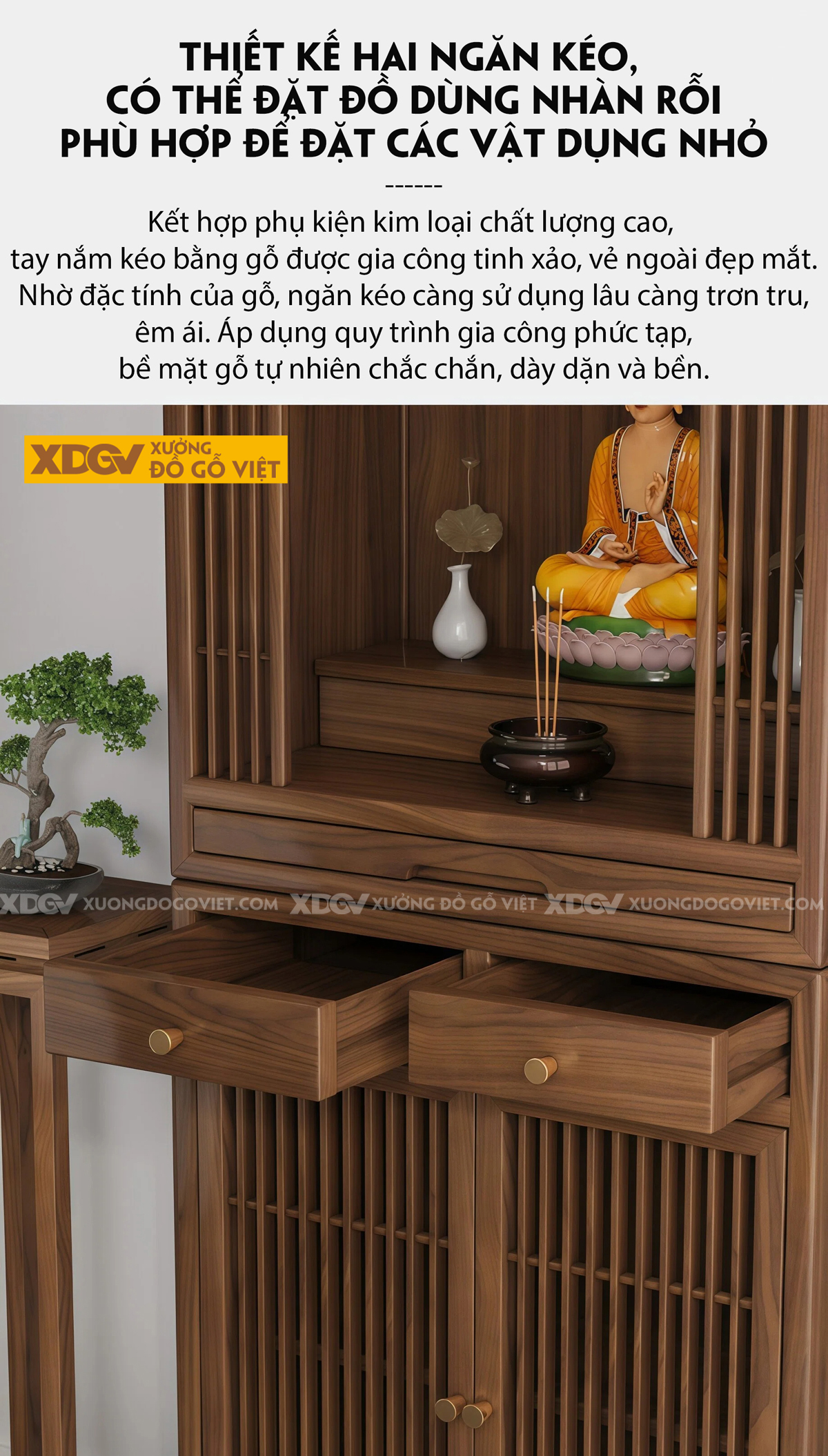 Tủ Thờ Gỗ Óc Chó Dáng Cao Thon Phối Tủ Cánh Nan Khay Kéo