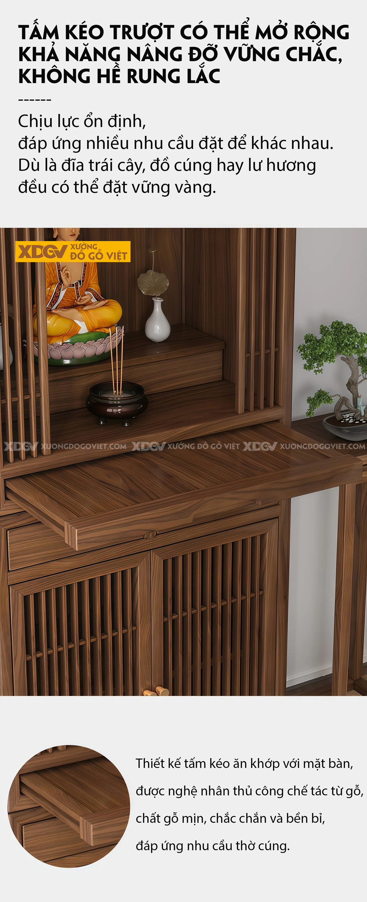 Tủ Thờ Gỗ Óc Chó Dáng Cao Thon Phối Tủ Cánh Nan Khay Kéo