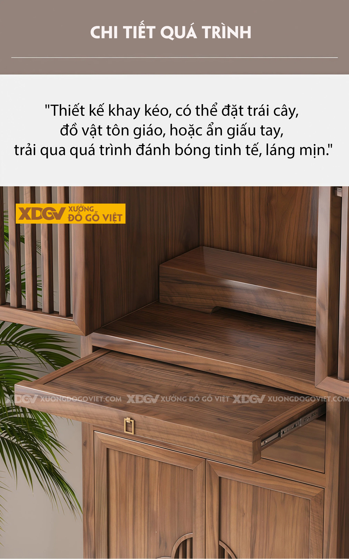 Tủ Thờ Phòng Thờ Gỗ Óc Chó Cánh Nan Chân Cuộn Phối Ngăn Kéo