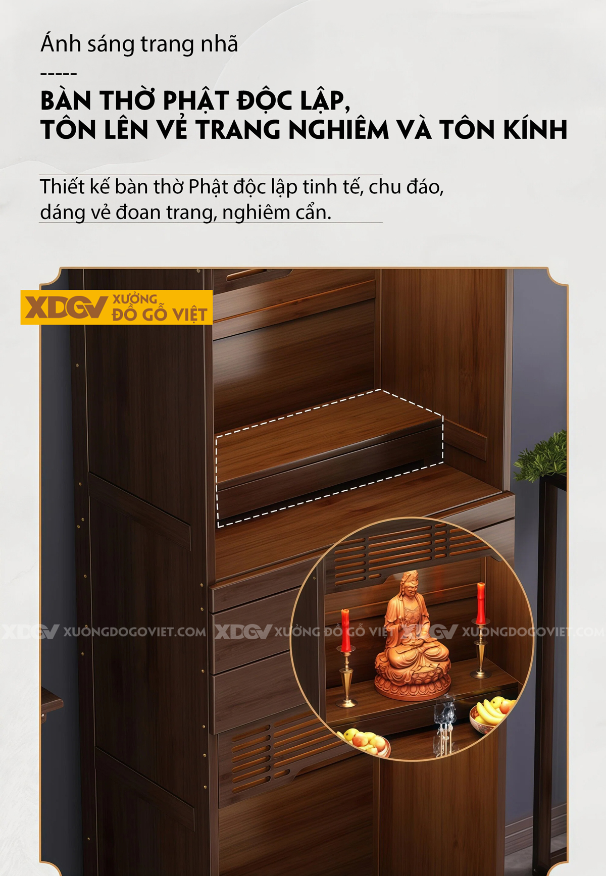 Tủ Thờ Trang Nghiêm Gỗ Óc Chó Cao Cấp Phối 2 Cánh Nan Dọc