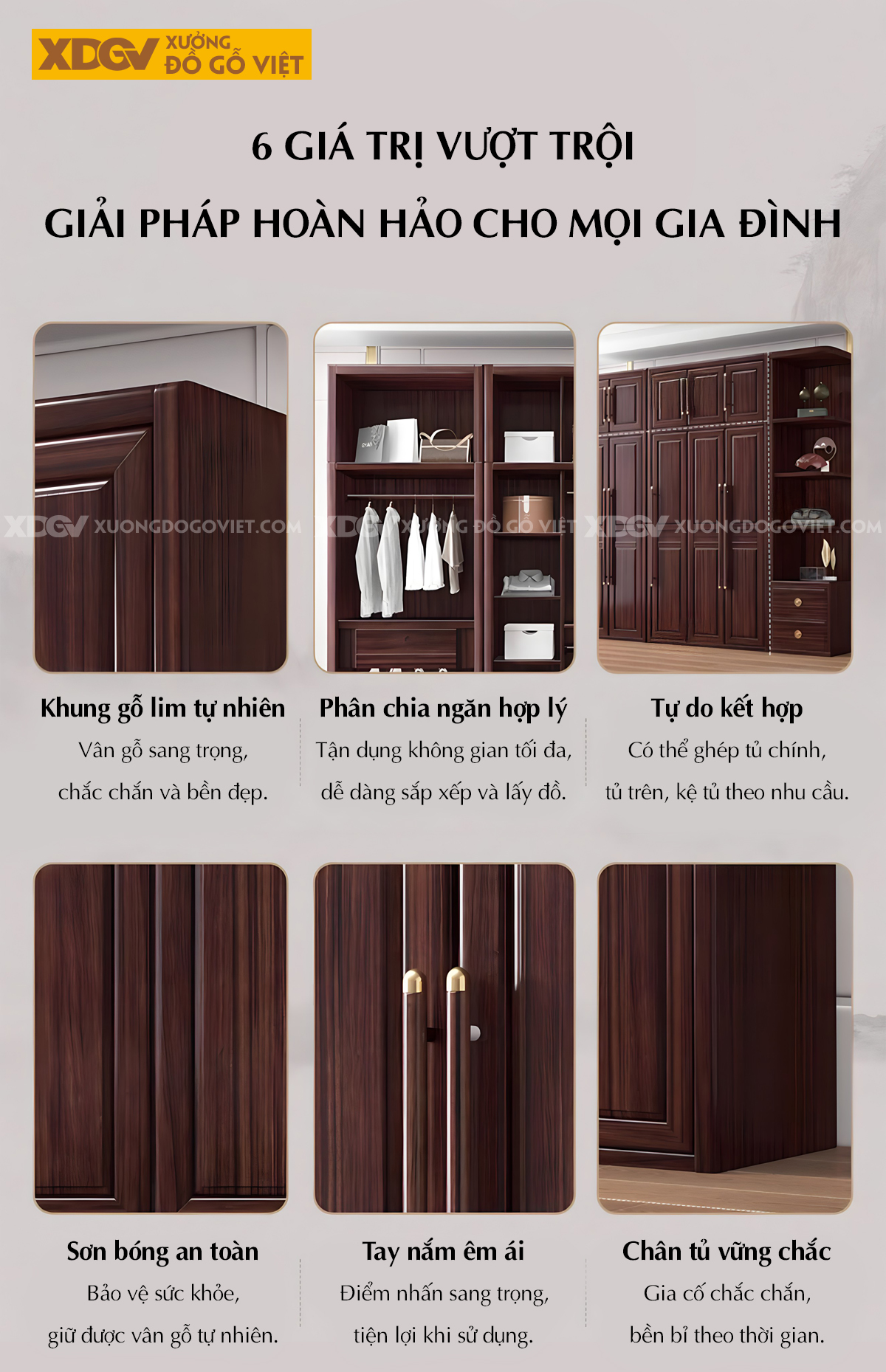 Tủ Treo Áo Gỗ Lim Cánh Pano Tay Nắm Dài Đầu Bọc Kim Loại