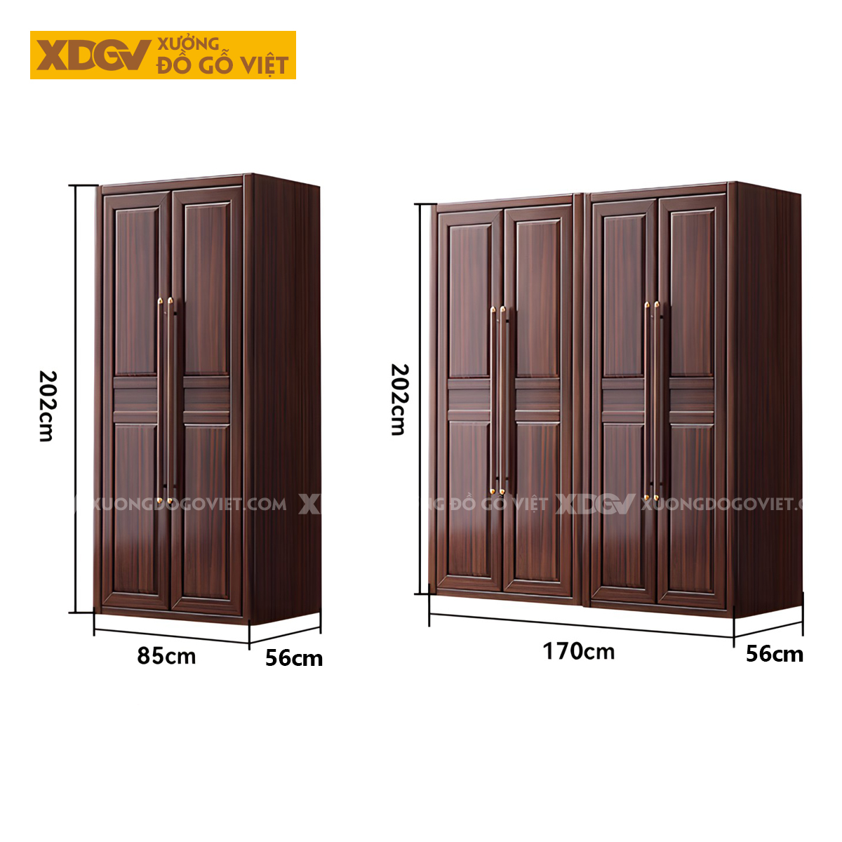 Tủ Treo Áo Gỗ Lim Cánh Pano Tay Nắm Dài Đầu Bọc Kim Loại