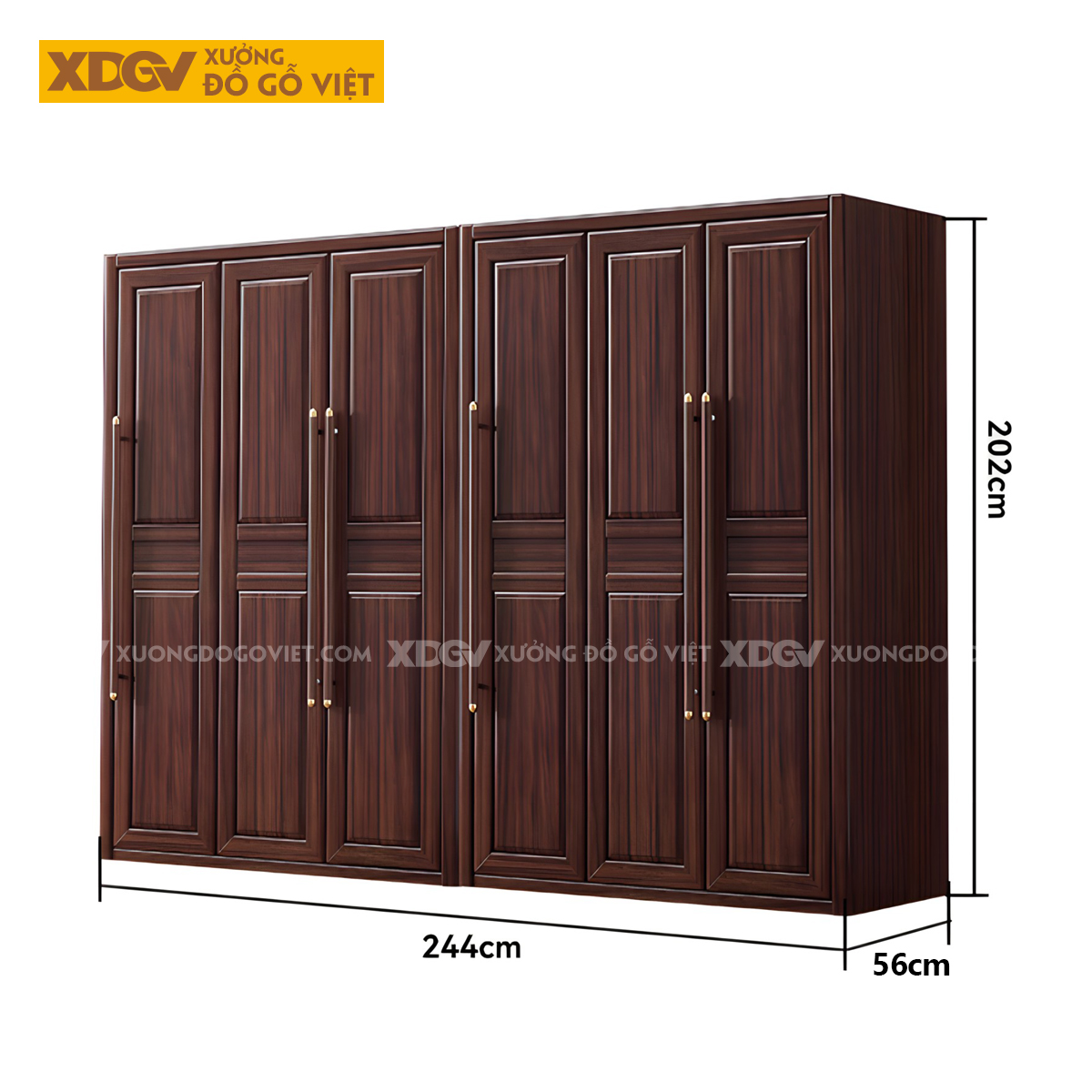 Tủ Treo Áo Gỗ Lim Cánh Pano Tay Nắm Dài Đầu Bọc Kim Loại