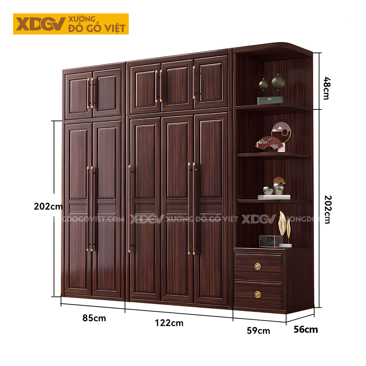 Tủ Treo Áo Gỗ Lim Cánh Pano Tay Nắm Dài Đầu Bọc Kim Loại