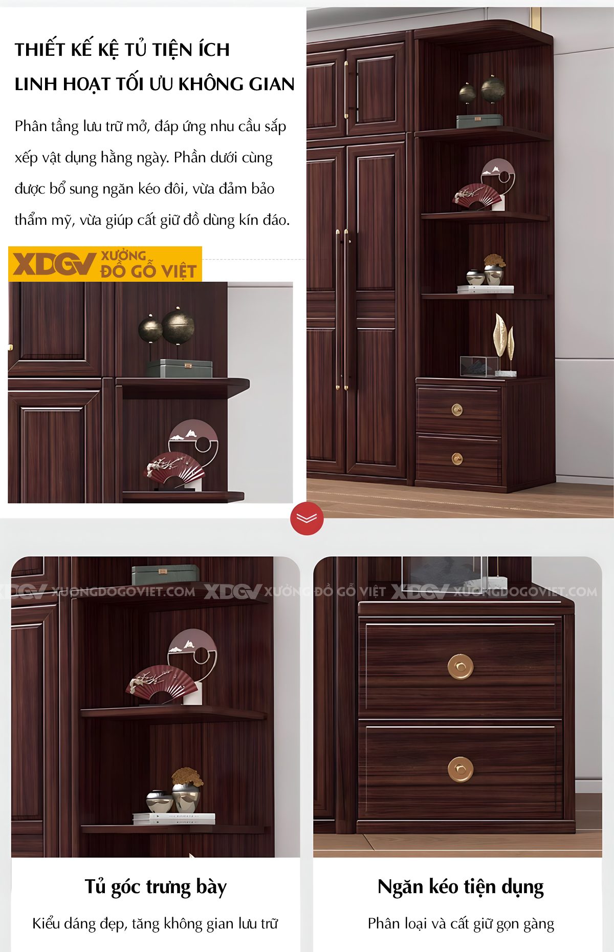 Tủ Treo Áo Gỗ Lim Cánh Pano Tay Nắm Dài Đầu Bọc Kim Loại