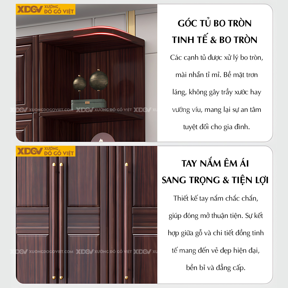 Tủ Treo Áo Gỗ Lim Cánh Pano Tay Nắm Dài Đầu Bọc Kim Loại