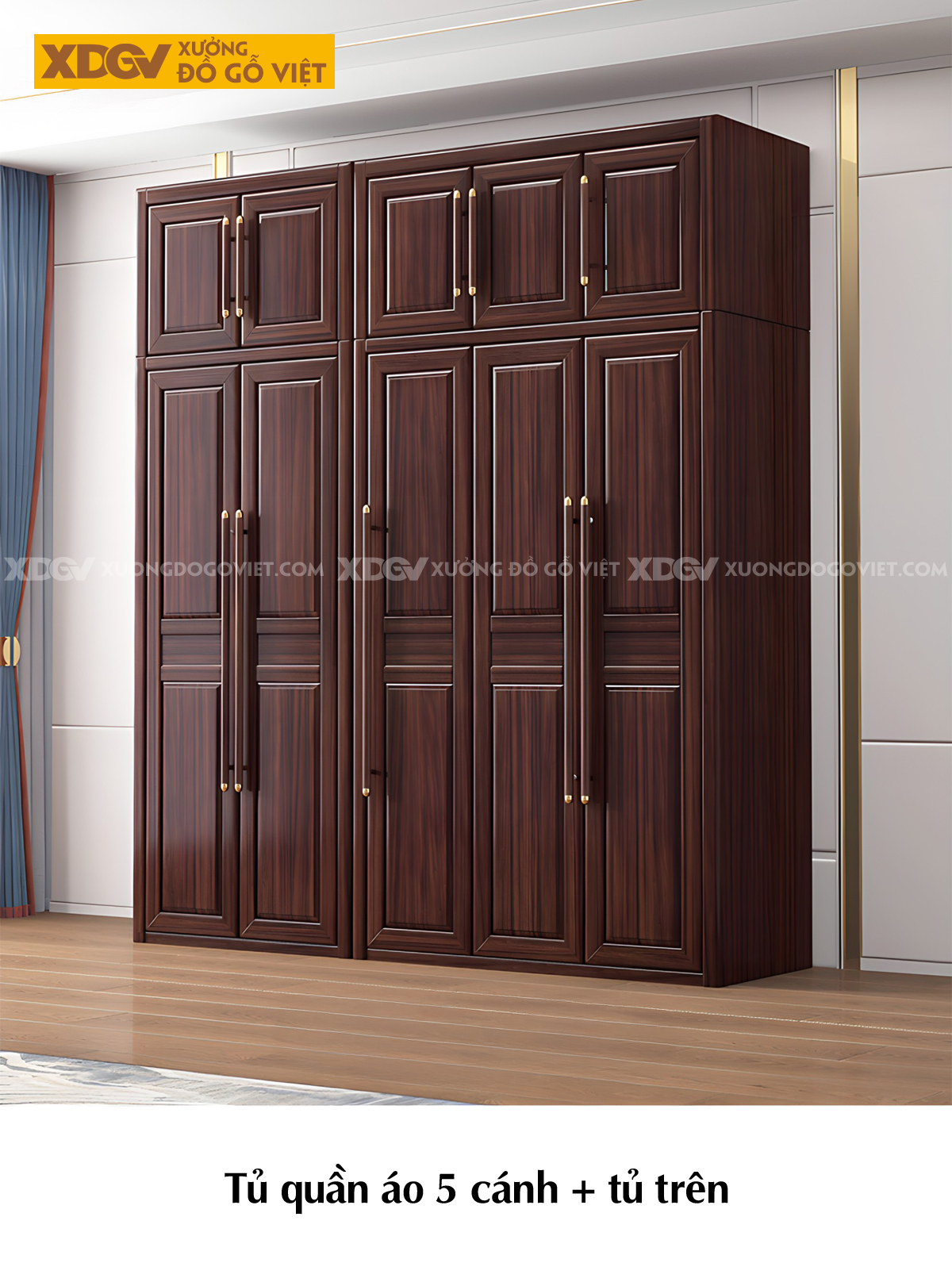 Tủ Treo Áo Gỗ Lim Cánh Pano Tay Nắm Dài Đầu Bọc Kim Loại