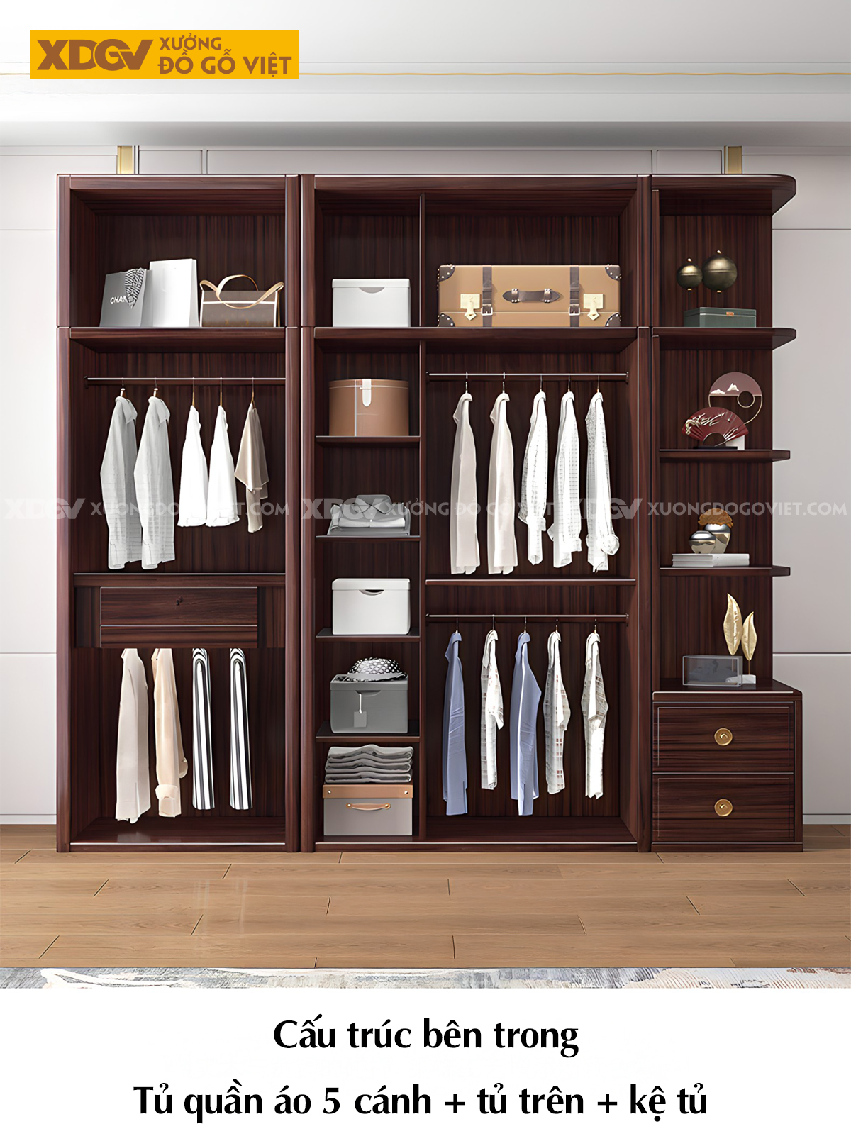 Tủ Treo Áo Gỗ Lim Cánh Pano Tay Nắm Dài Đầu Bọc Kim Loại