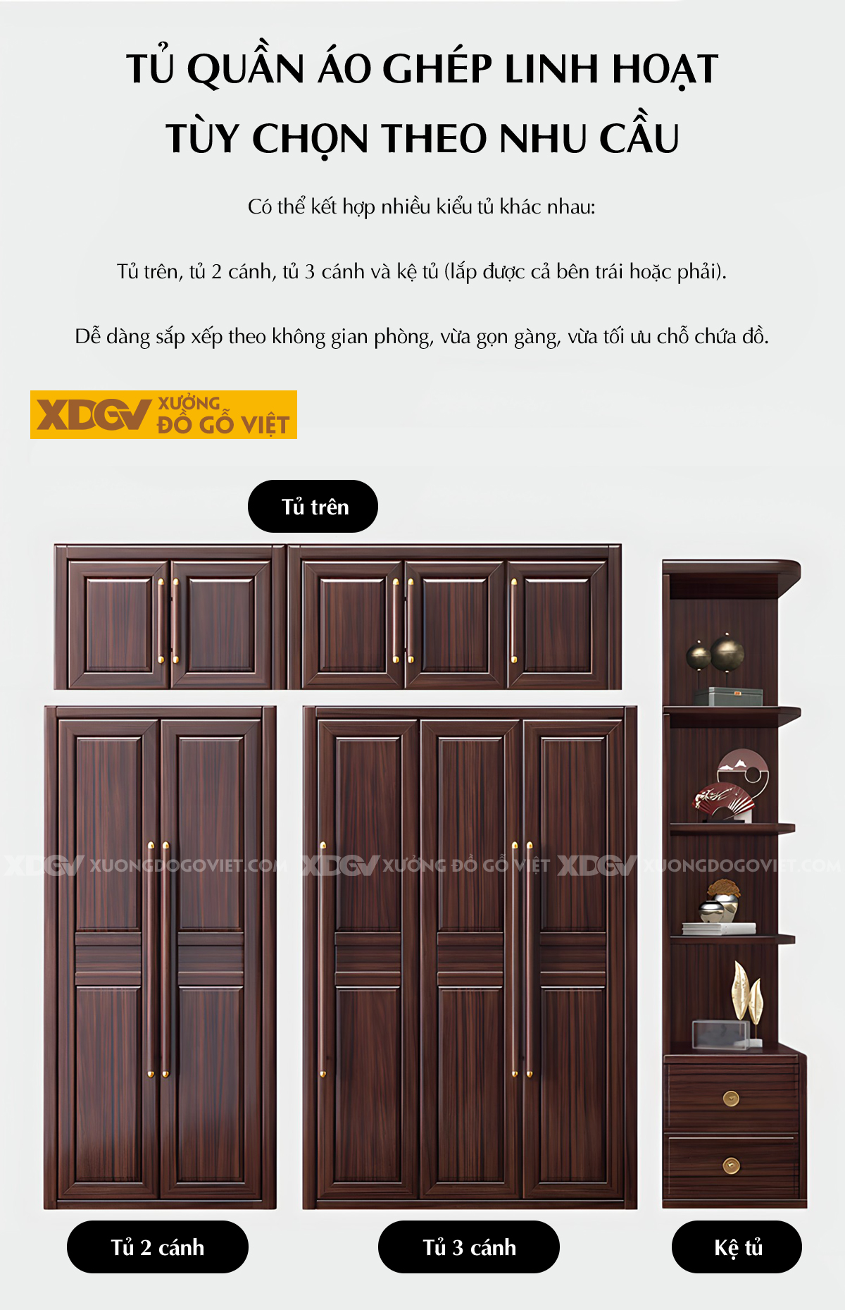 Tủ Treo Áo Gỗ Lim Cánh Pano Tay Nắm Dài Đầu Bọc Kim Loại