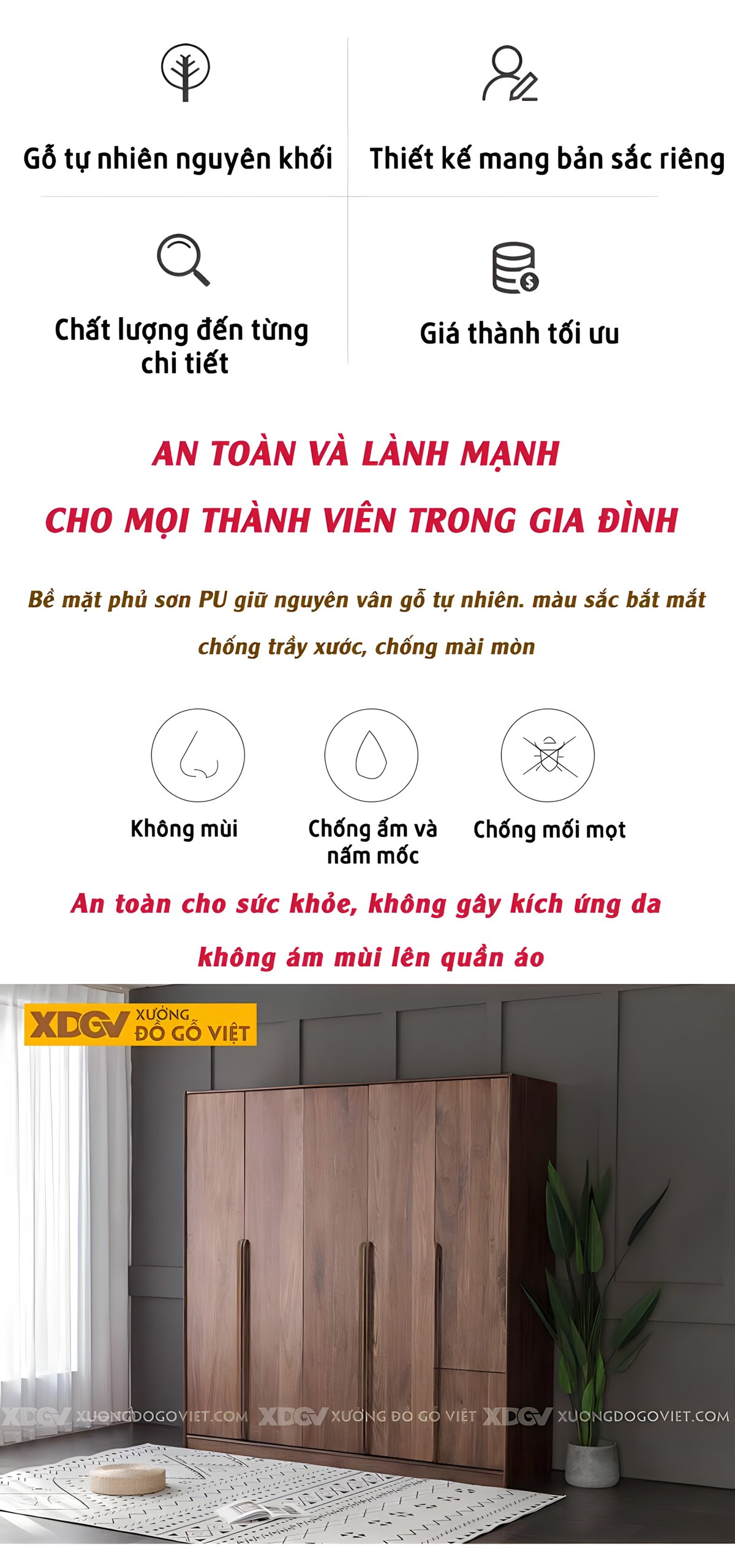 Tủ Treo Áo Gỗ Óc Chó Hiện Đại 5 Cánh Mở Tay Nắm Nổi Dài
