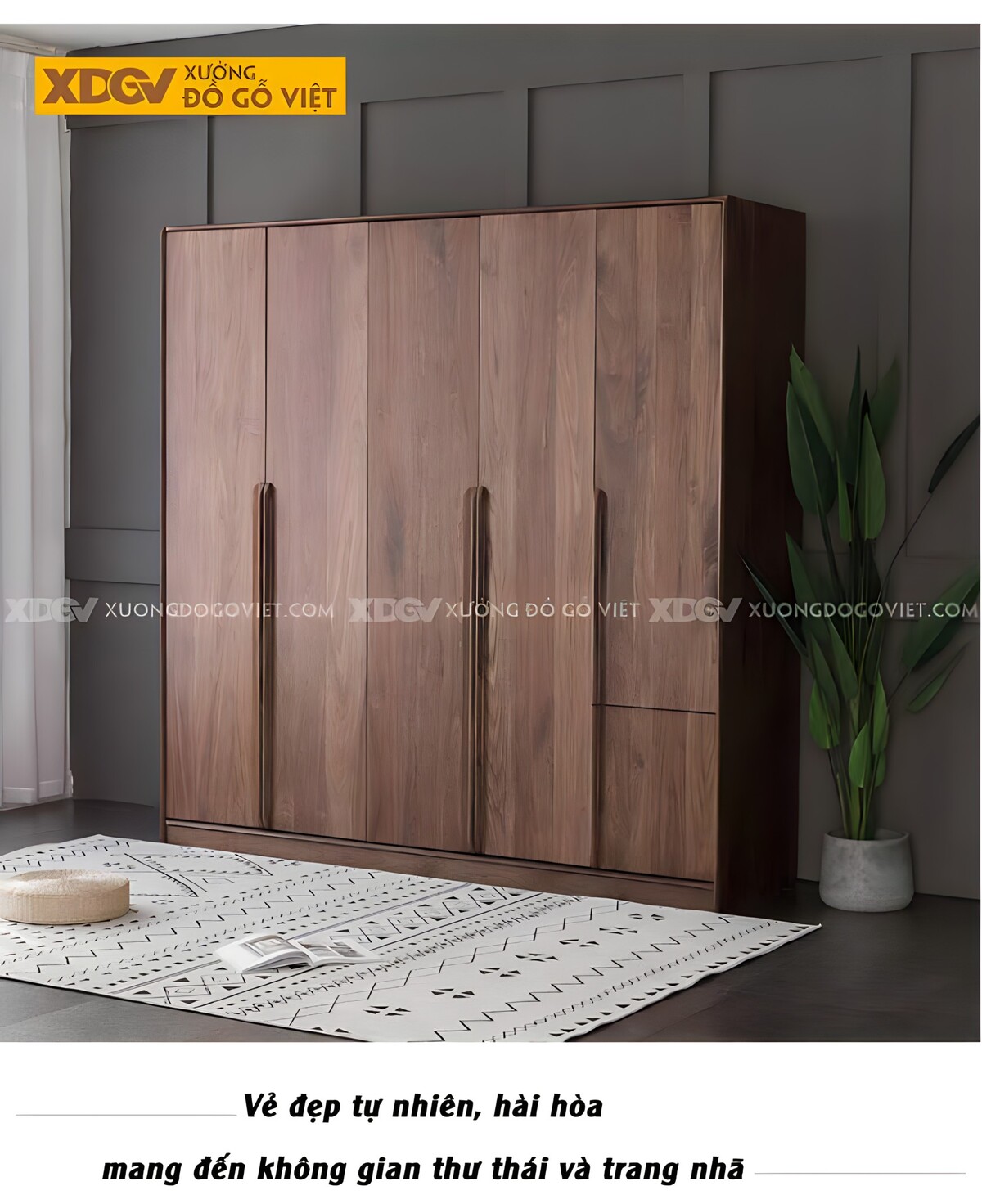 Tủ Treo Áo Gỗ Óc Chó Hiện Đại 5 Cánh Mở Tay Nắm Nổi Dài